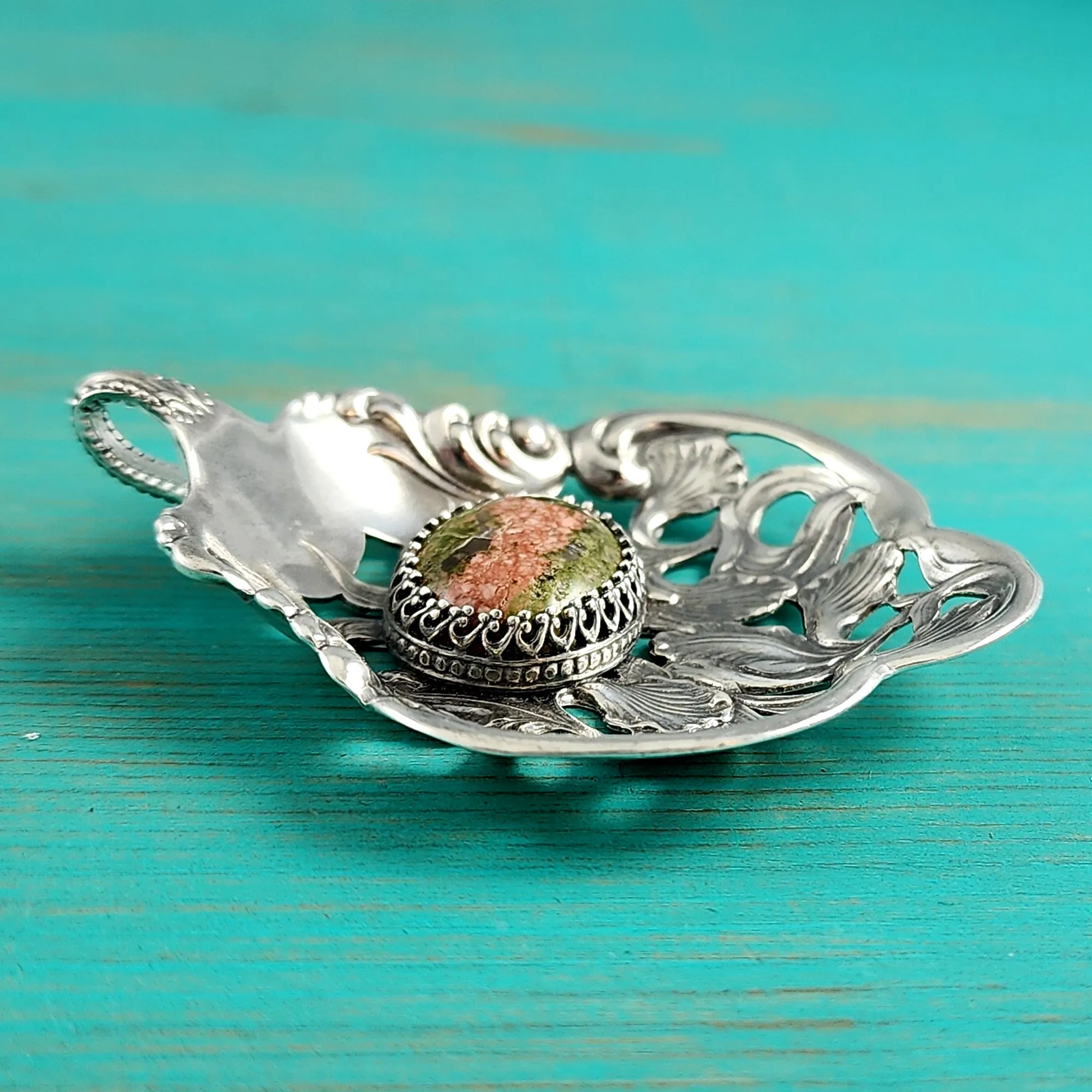 Sterling Silver Unakite & Iris Bon Bon Spoon Pendant