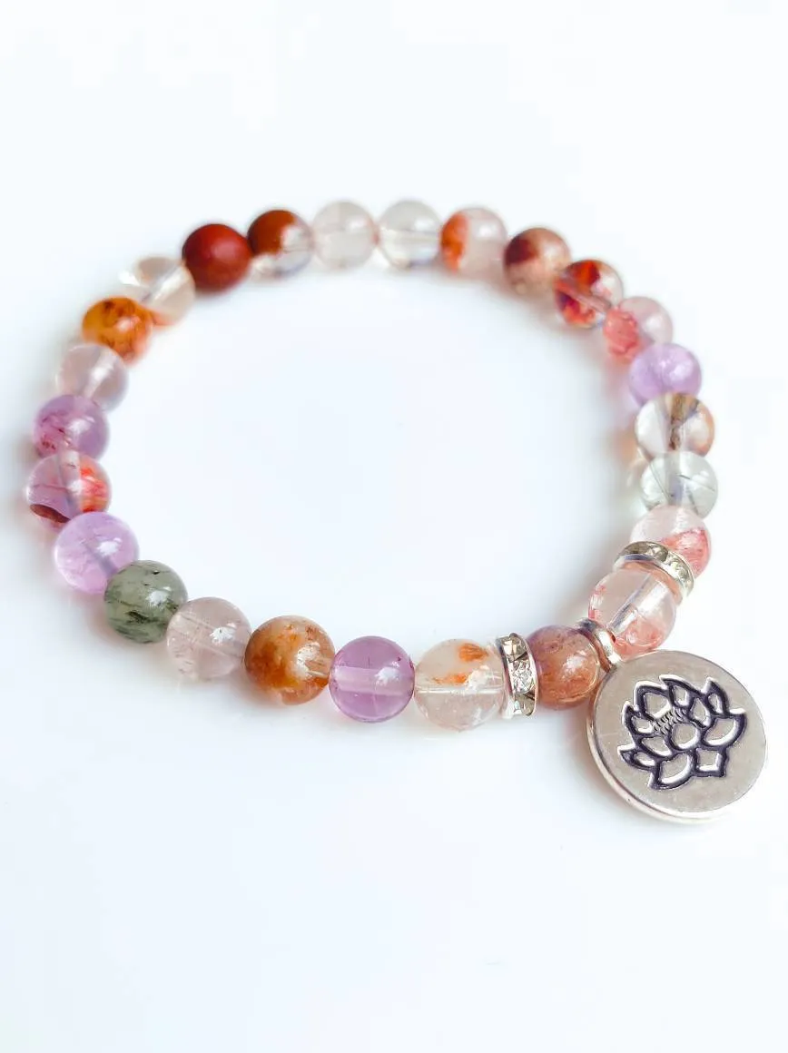 Super Seven Crystal Silver Lotus Charm Bracelet