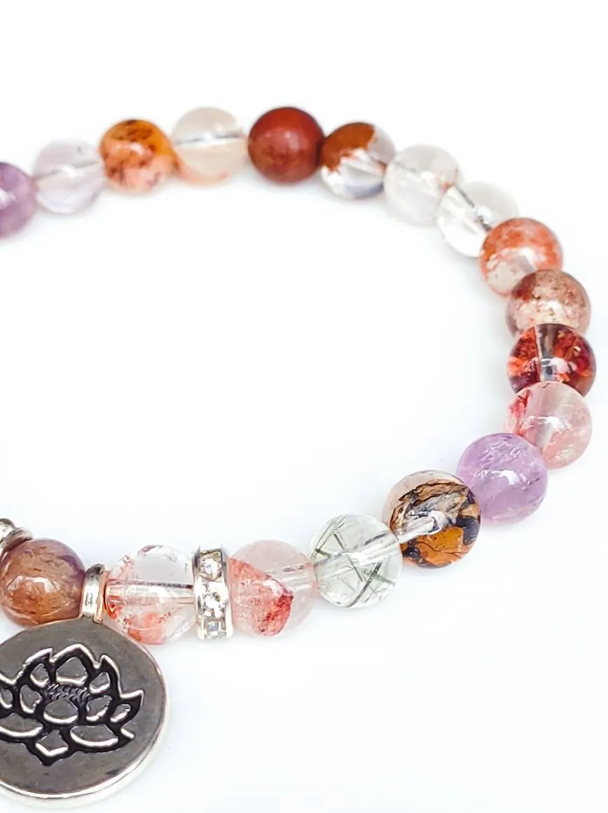 Super Seven Crystal Silver Lotus Charm Bracelet