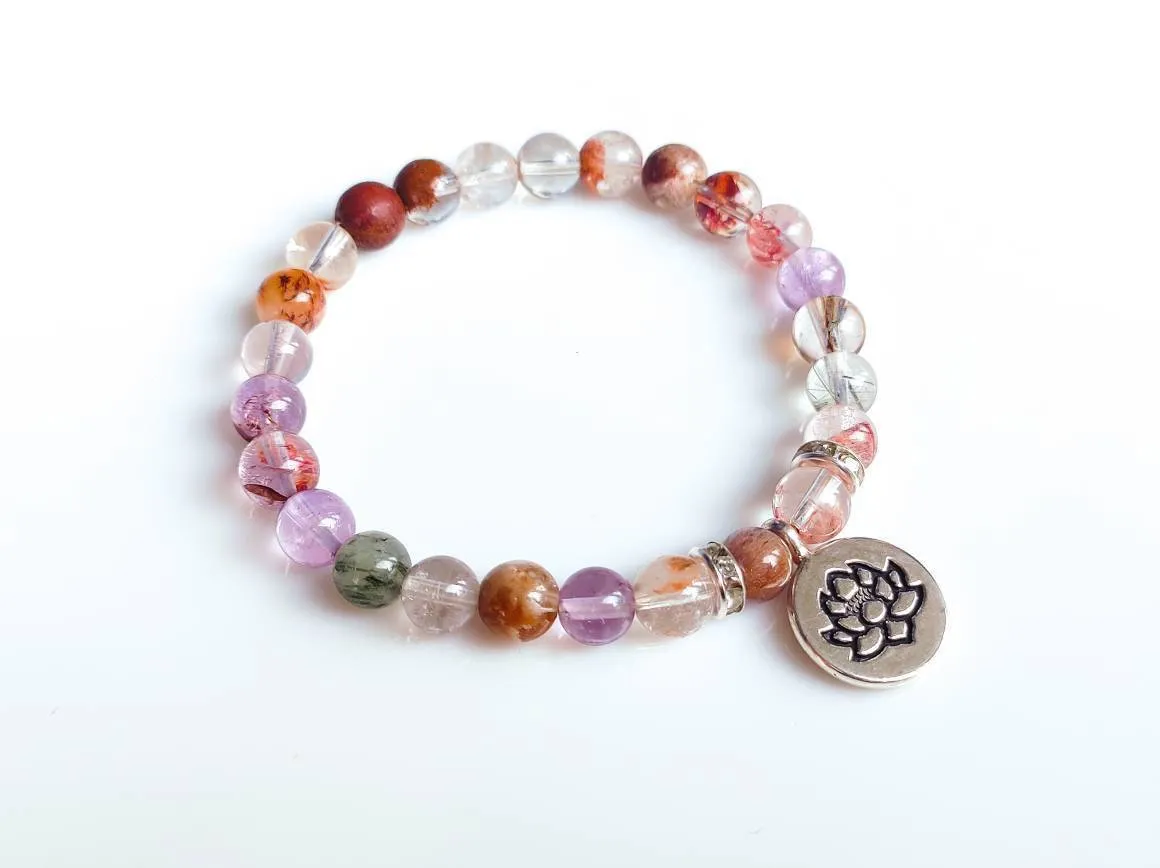Super Seven Crystal Silver Lotus Charm Bracelet