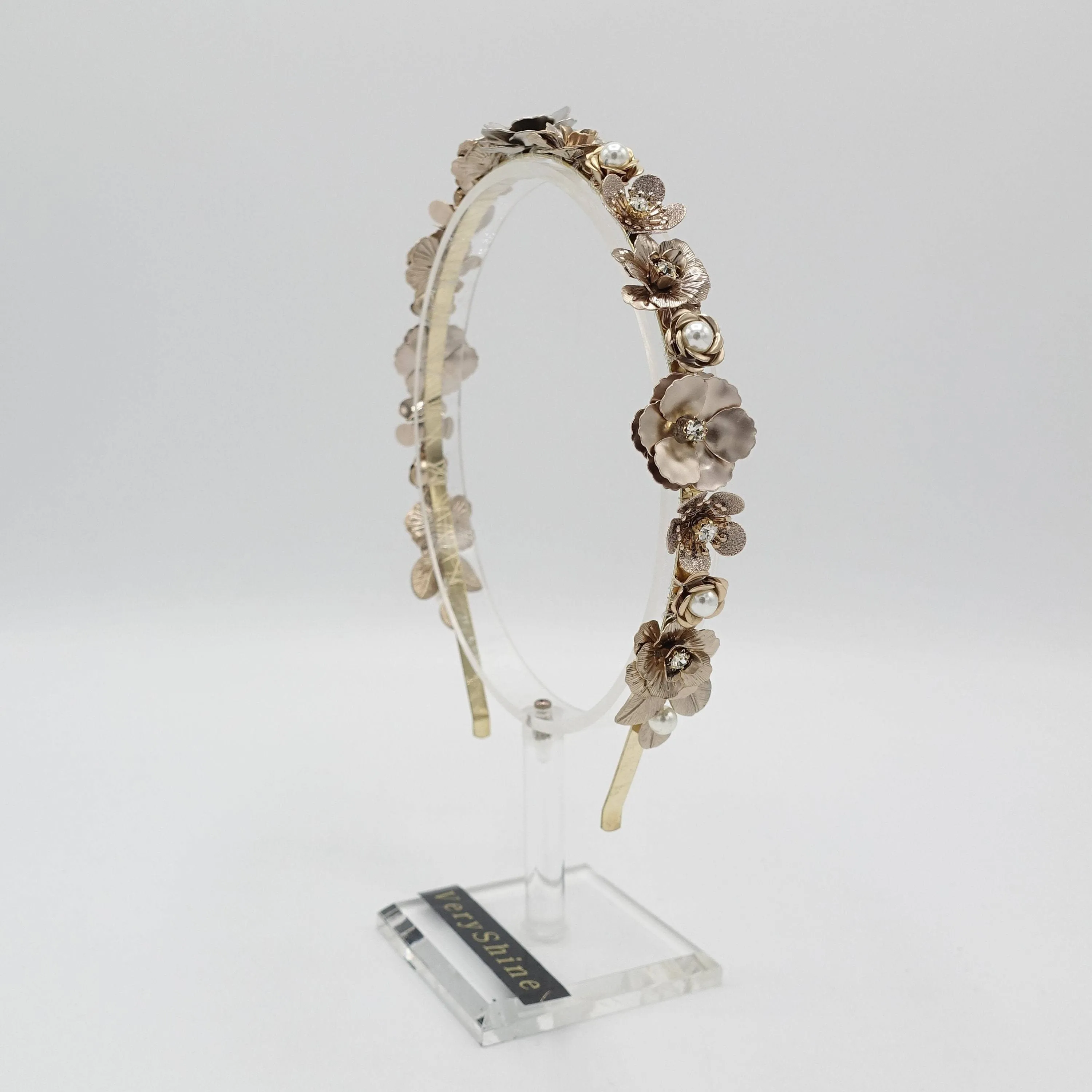 thin bridal headband metal pearl flower hairband for women