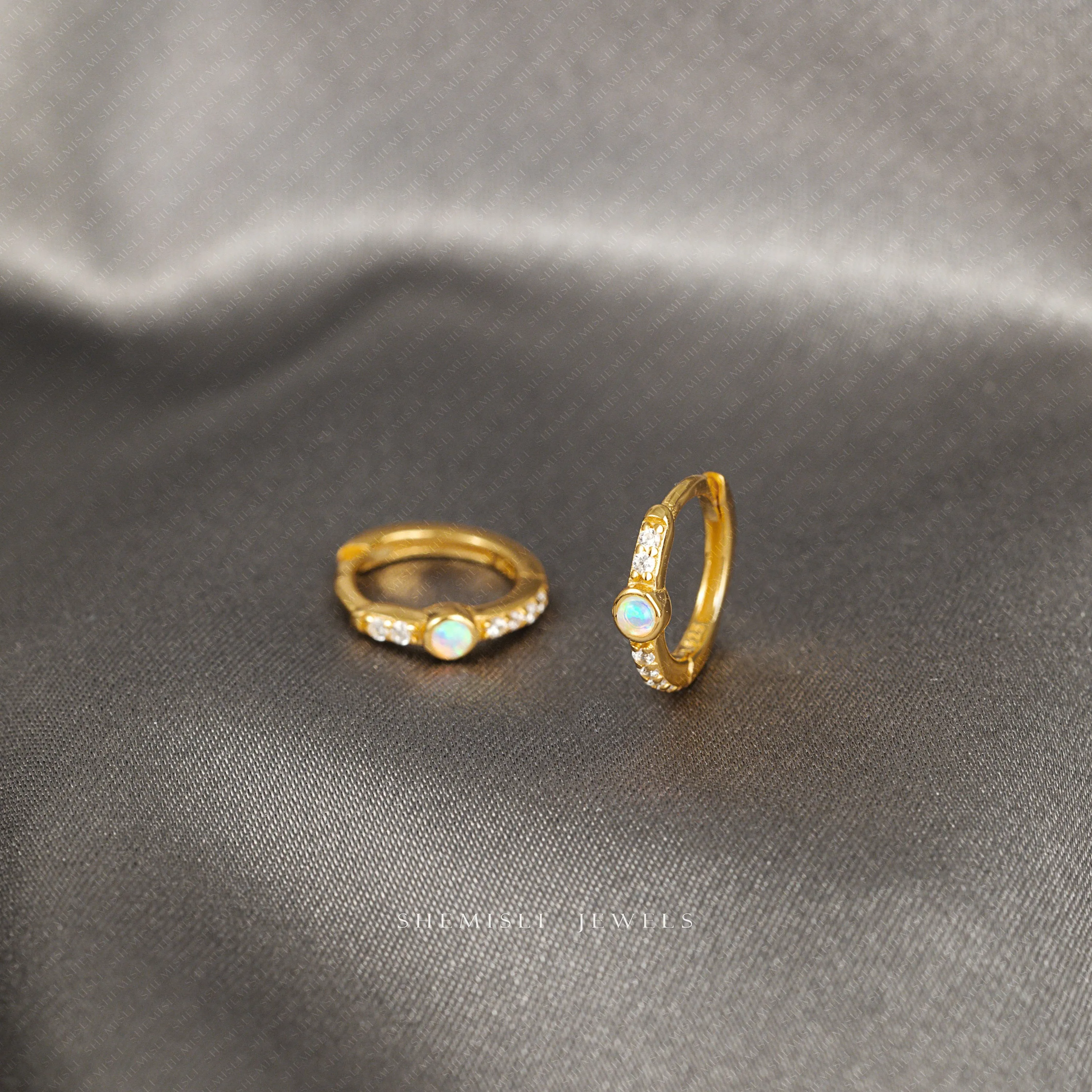Thin Opal Bezel With CZ Hoop Earrings, Huggies, Unisex, Gold, Silver SHEMISLI SH267