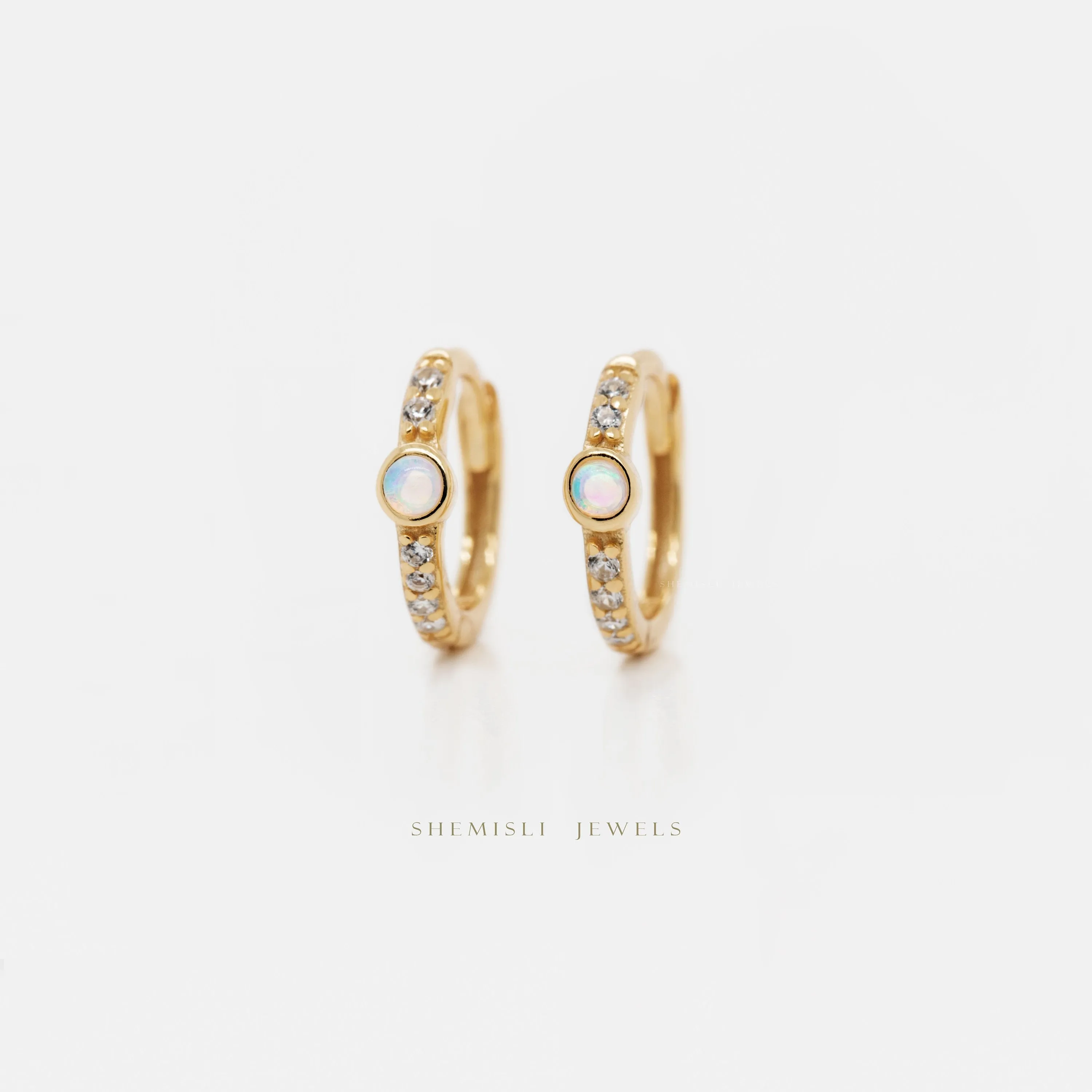 Thin Opal Bezel With CZ Hoop Earrings, Huggies, Unisex, Gold, Silver SHEMISLI SH267