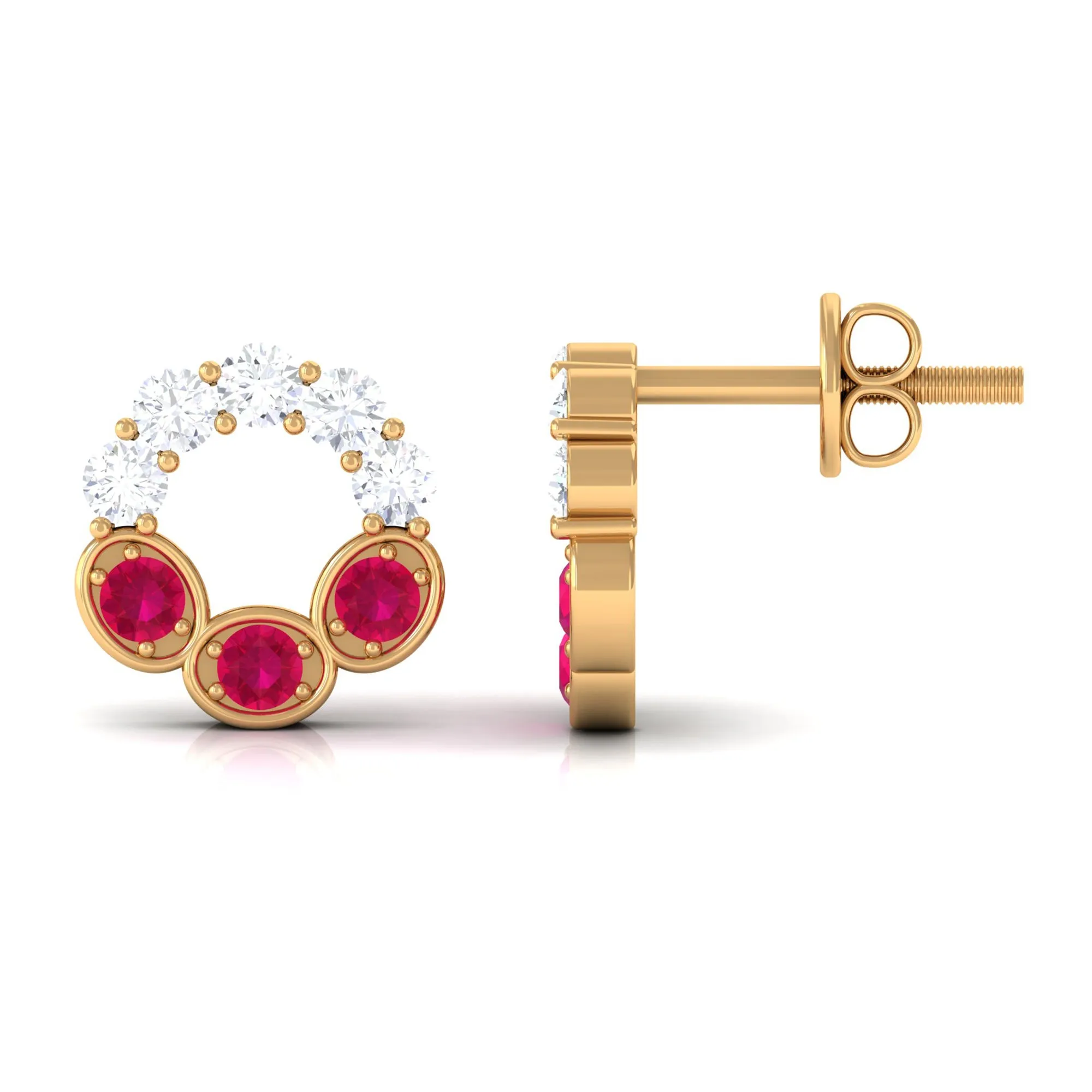 Three Stone Ruby Eternity Stud Earrings with Diamond