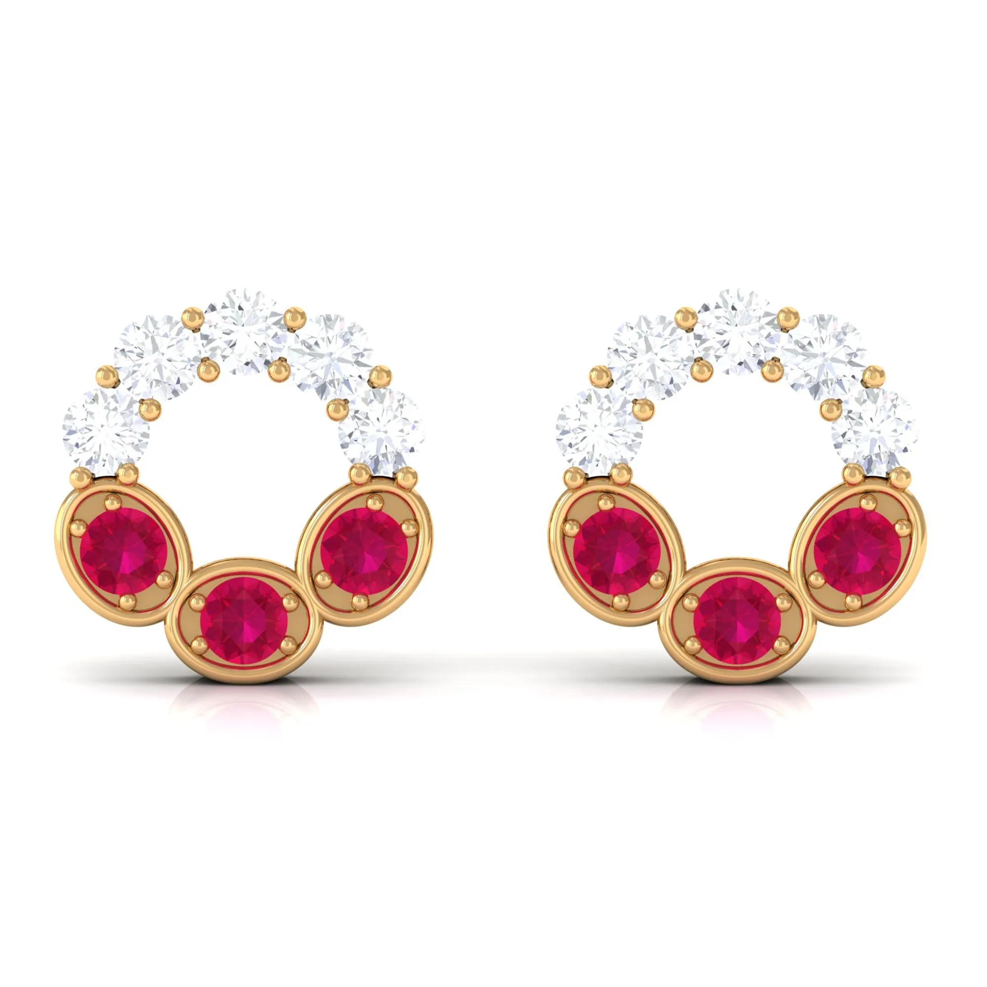 Three Stone Ruby Eternity Stud Earrings with Diamond
