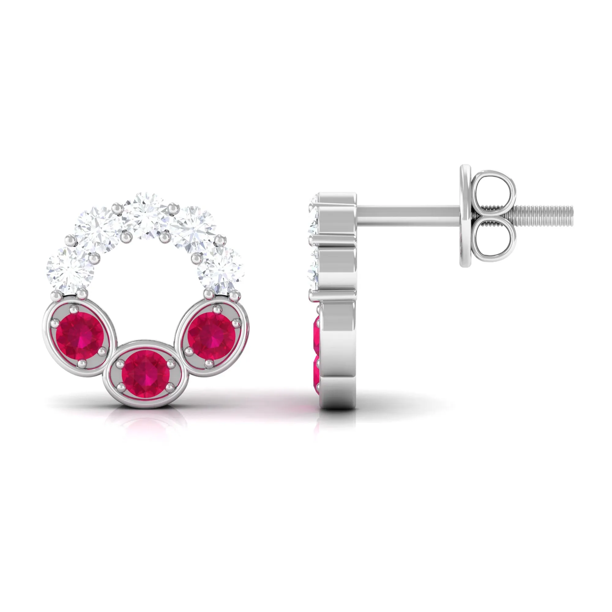 Three Stone Ruby Eternity Stud Earrings with Diamond