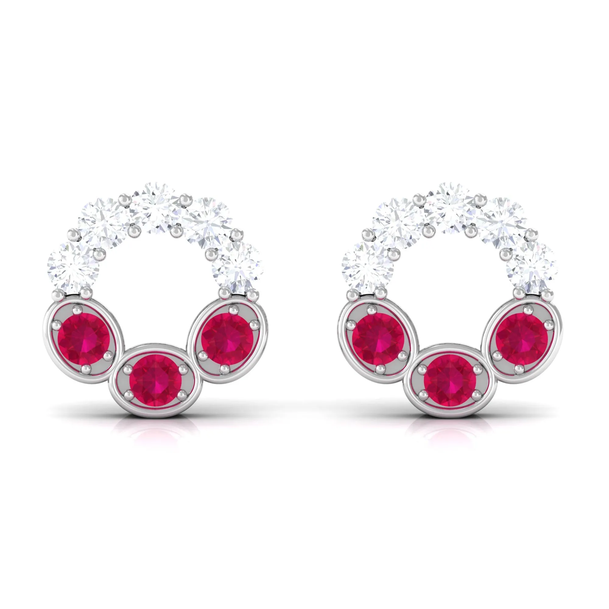 Three Stone Ruby Eternity Stud Earrings with Diamond