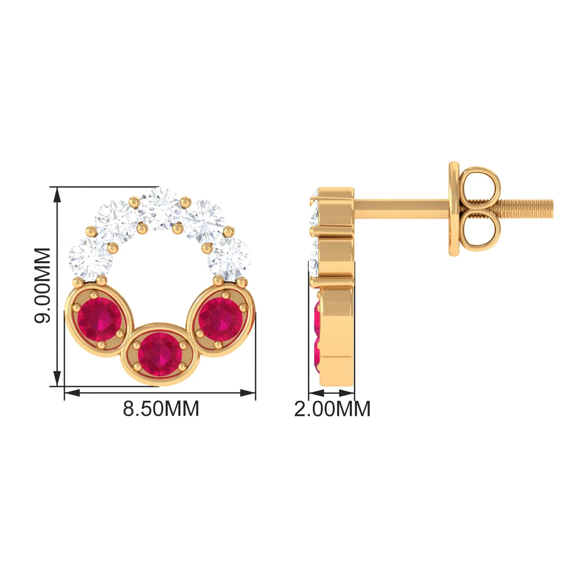 Three Stone Ruby Eternity Stud Earrings with Diamond