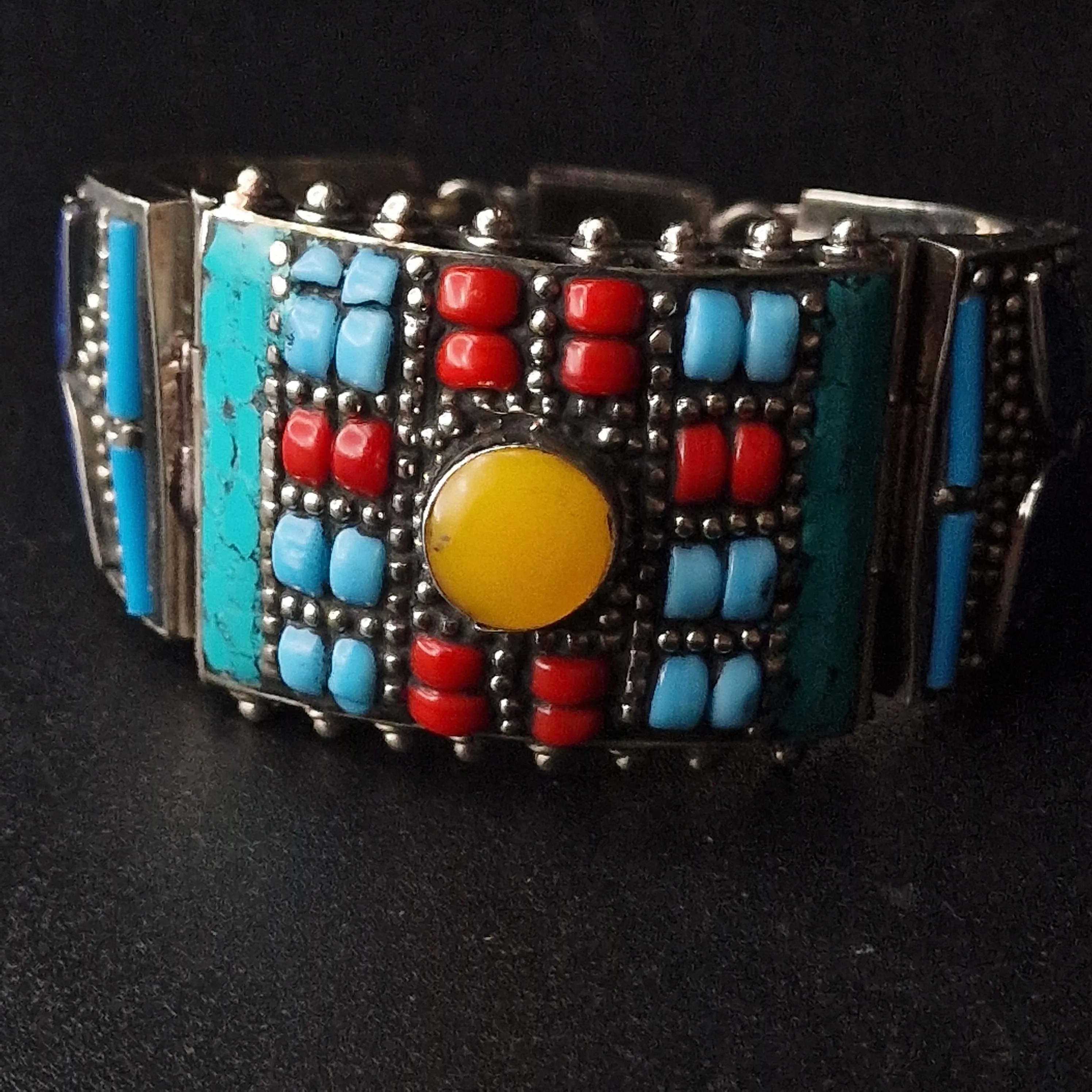 Tibetan Silver Plated Bracelet Coral, Turquoise and Amber design