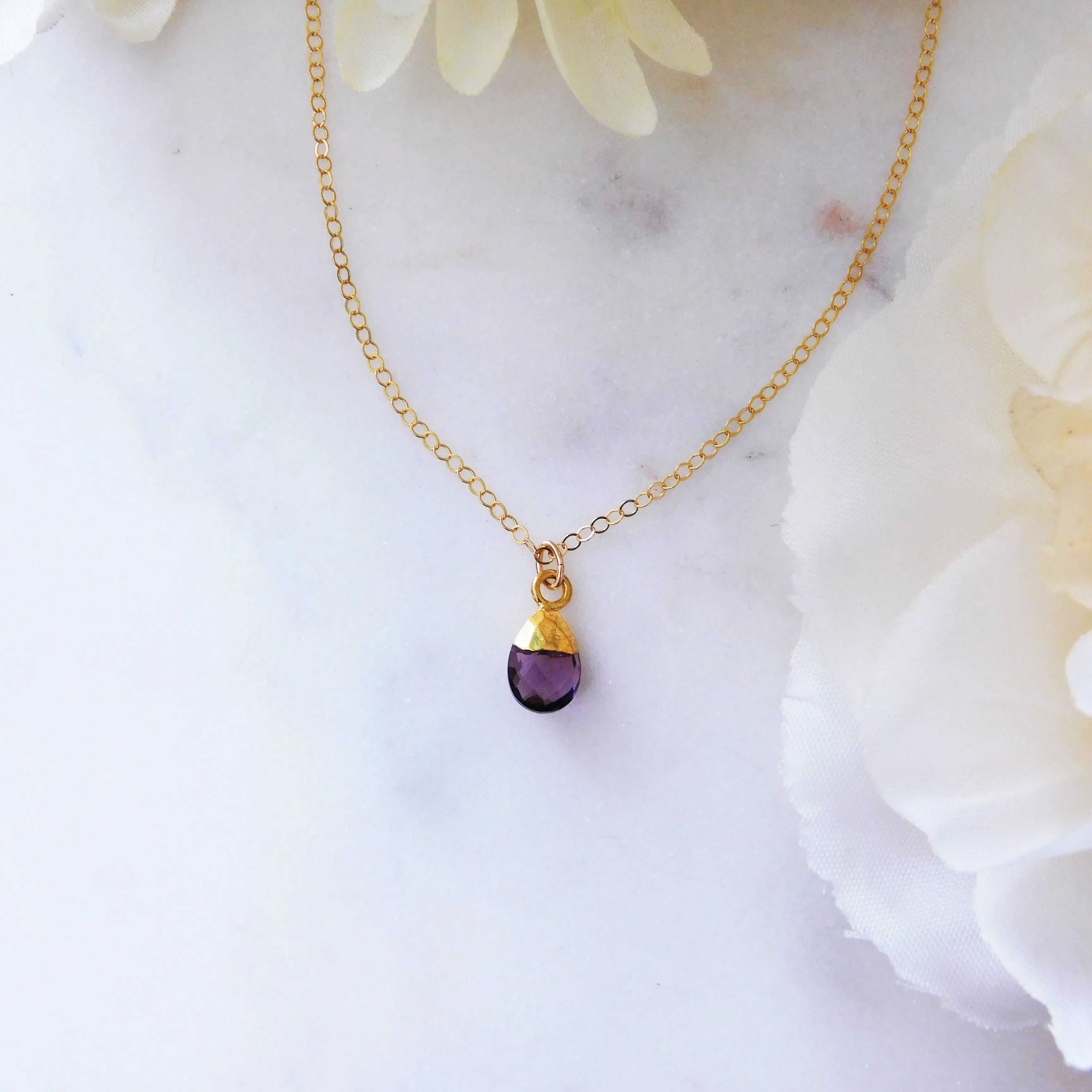 Tiny Amethyst Drop Gold Necklace
