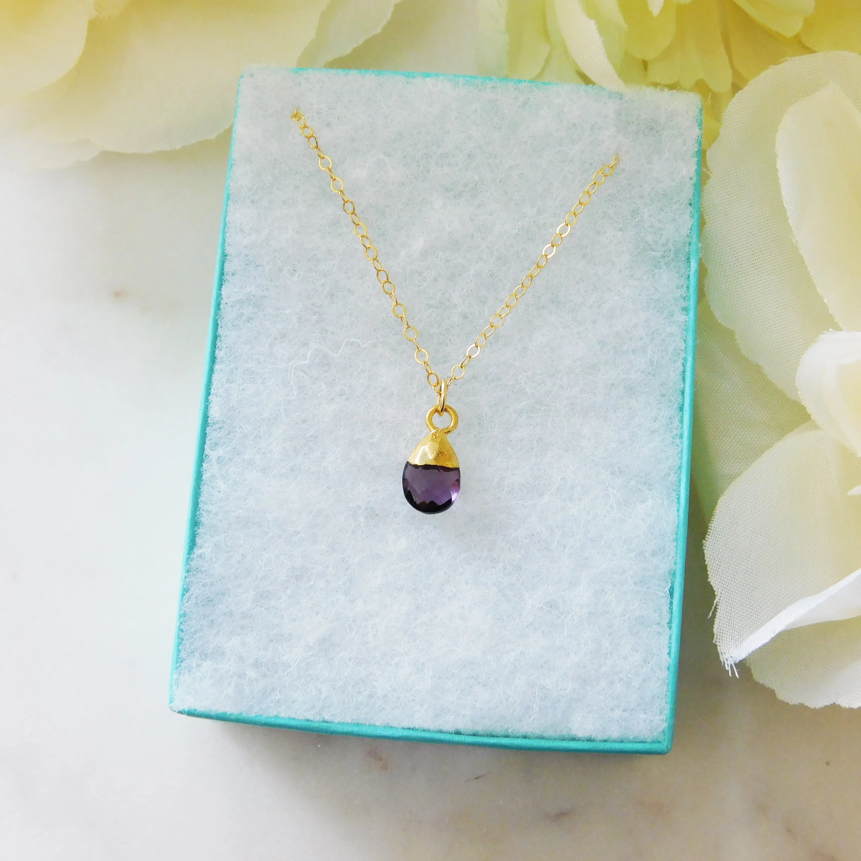 Tiny Amethyst Drop Gold Necklace
