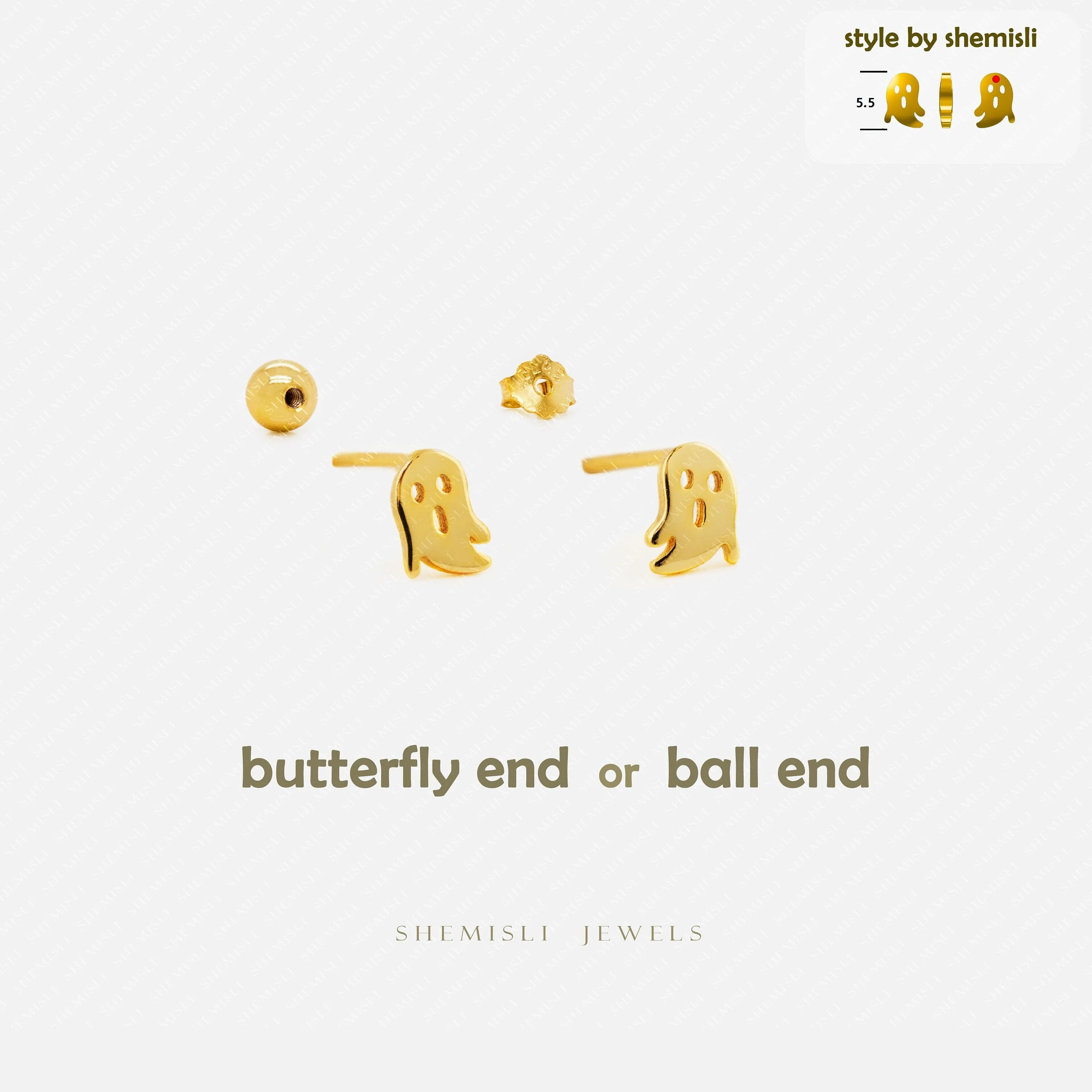 Tiny Ghost Stud Earrings, Unisex, Gold, Silver SHEMISLI SS685 Butterfly End, SS686 Screw Ball End (Type A) LR