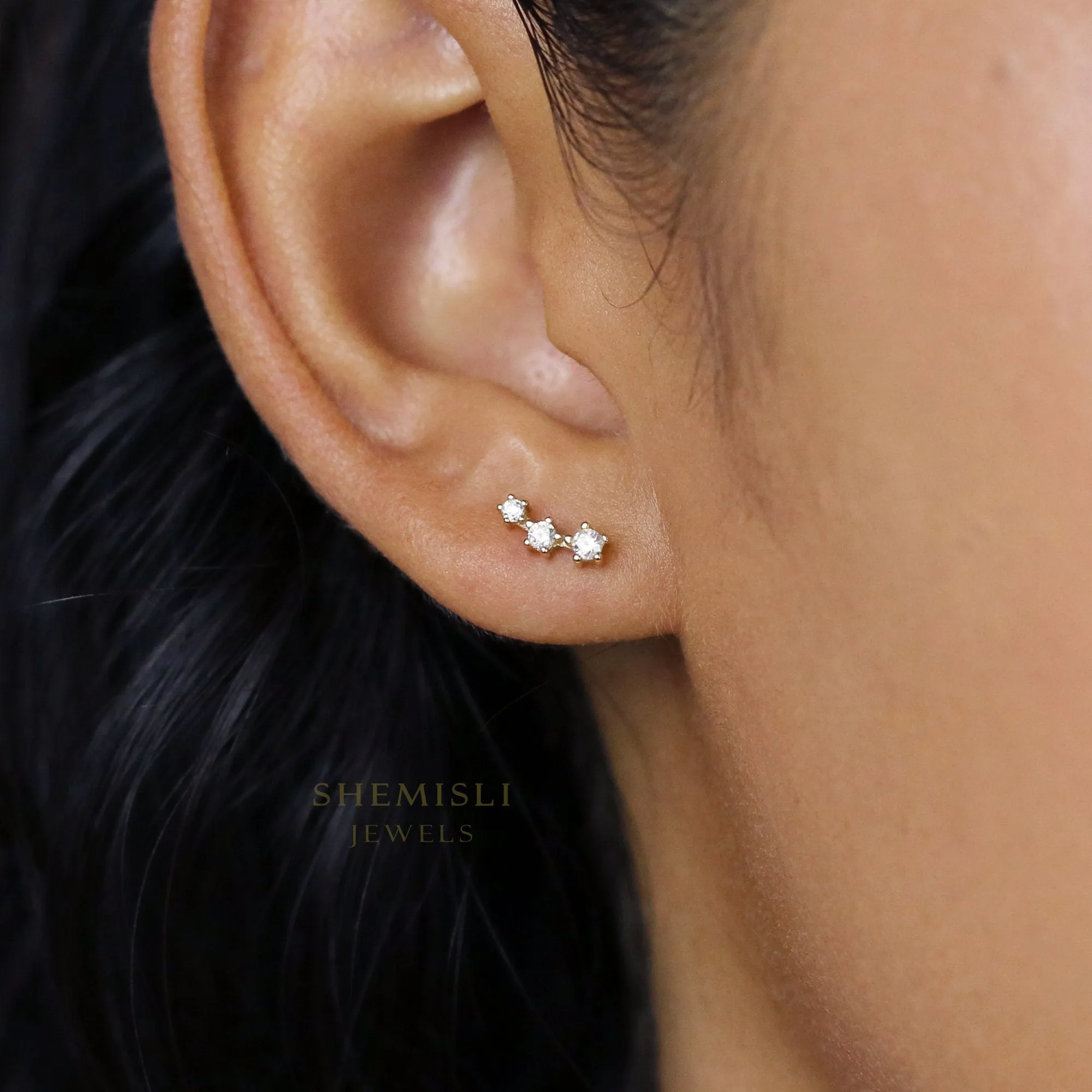 Tiny Triple Stones Climber Stud Earrings, White Emerald Turquoise Sapphire Black, Unisex, Gold, Silver SS125, SS126, SS248, SS249, SS250 LR