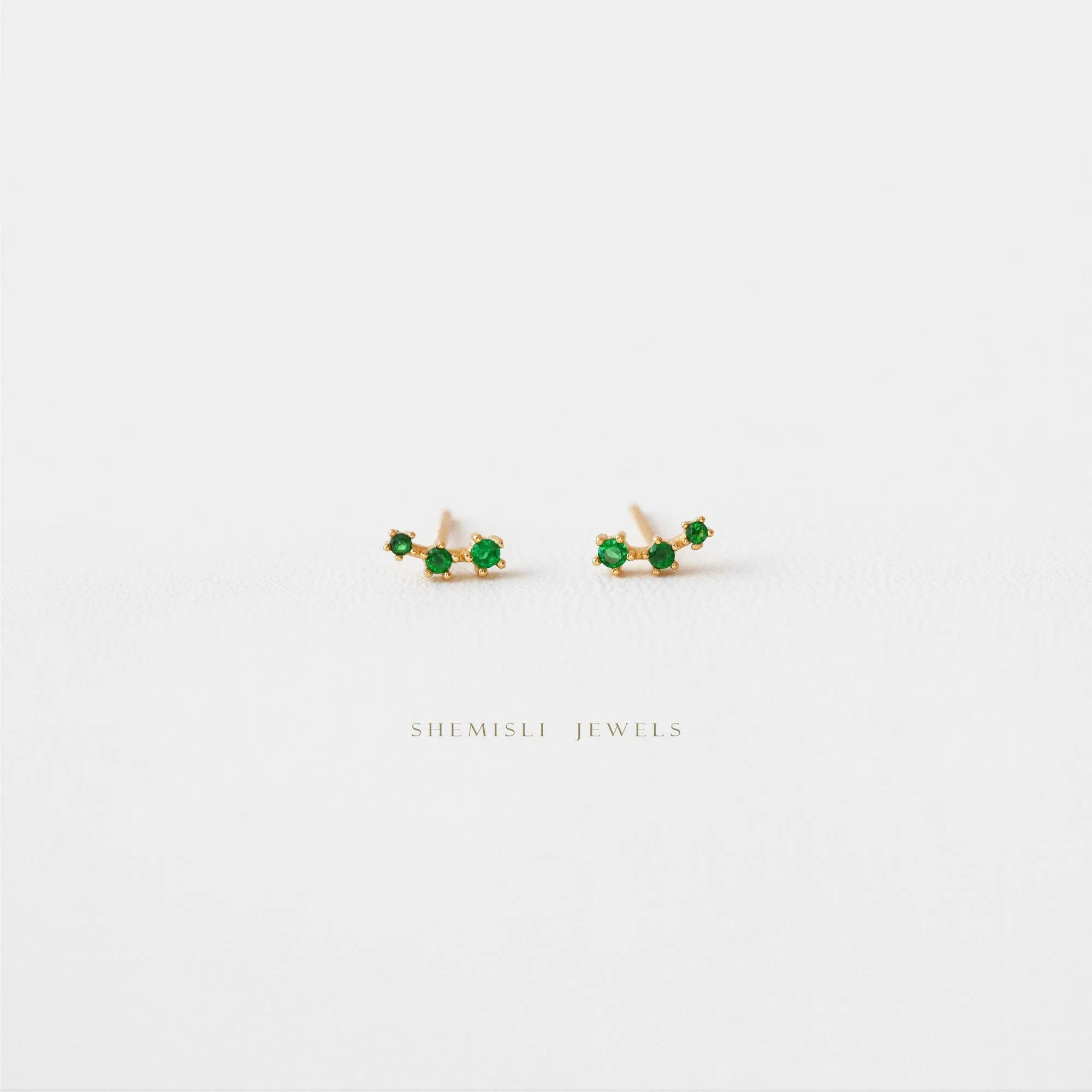 Tiny Triple Stones Climber Stud Earrings, White Emerald Turquoise Sapphire Black, Unisex, Gold, Silver SS125, SS126, SS248, SS249, SS250 LR