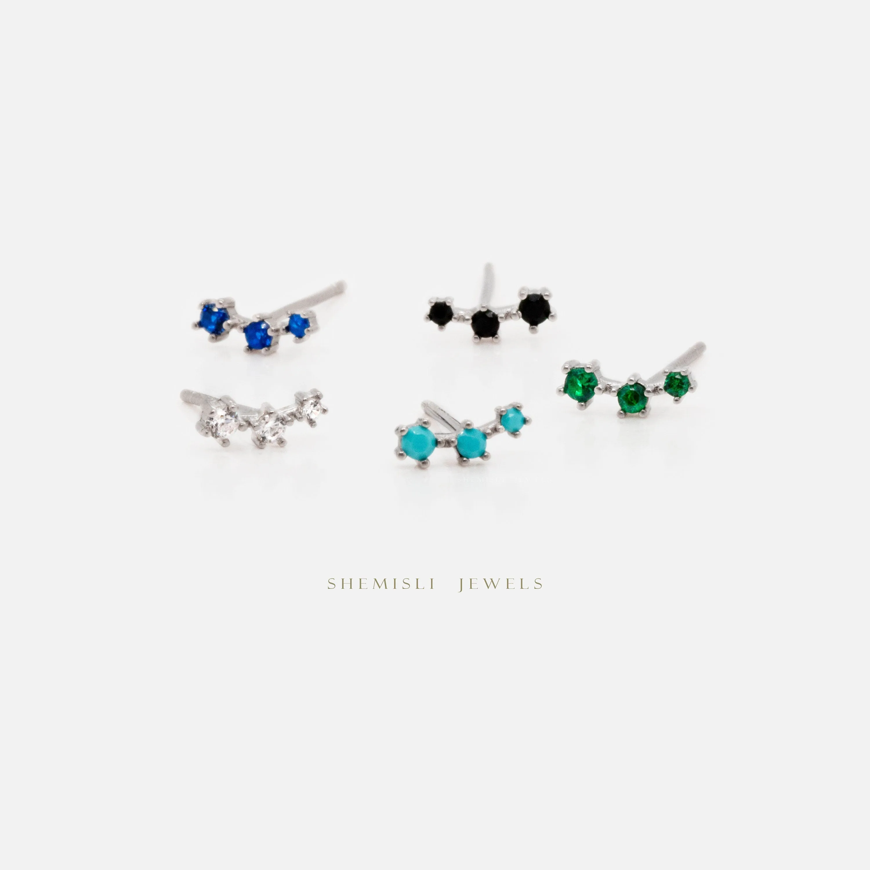 Tiny Triple Stones Climber Stud Earrings, White Emerald Turquoise Sapphire Black, Unisex, Gold, Silver SS125, SS126, SS248, SS249, SS250 LR
