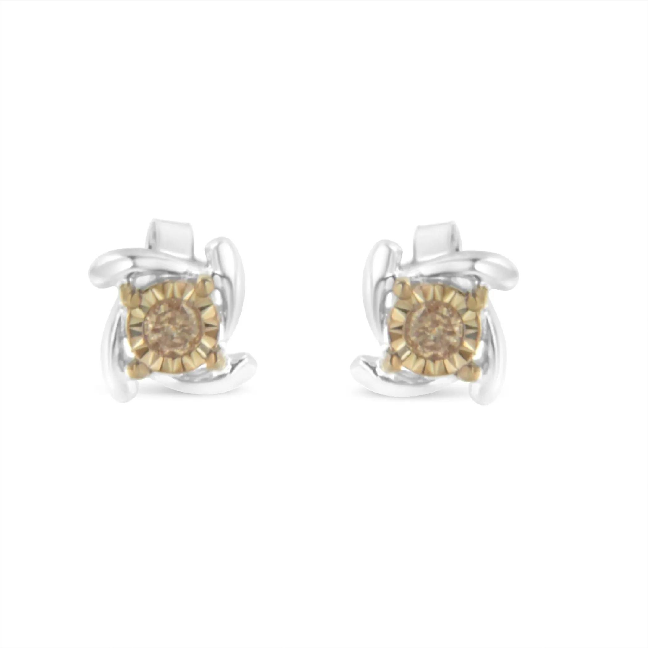 Two-Toned Sterling-Silver Diamond Stud Earring (0.10 cttw, Champagne Color, I2-I3 Clarity)