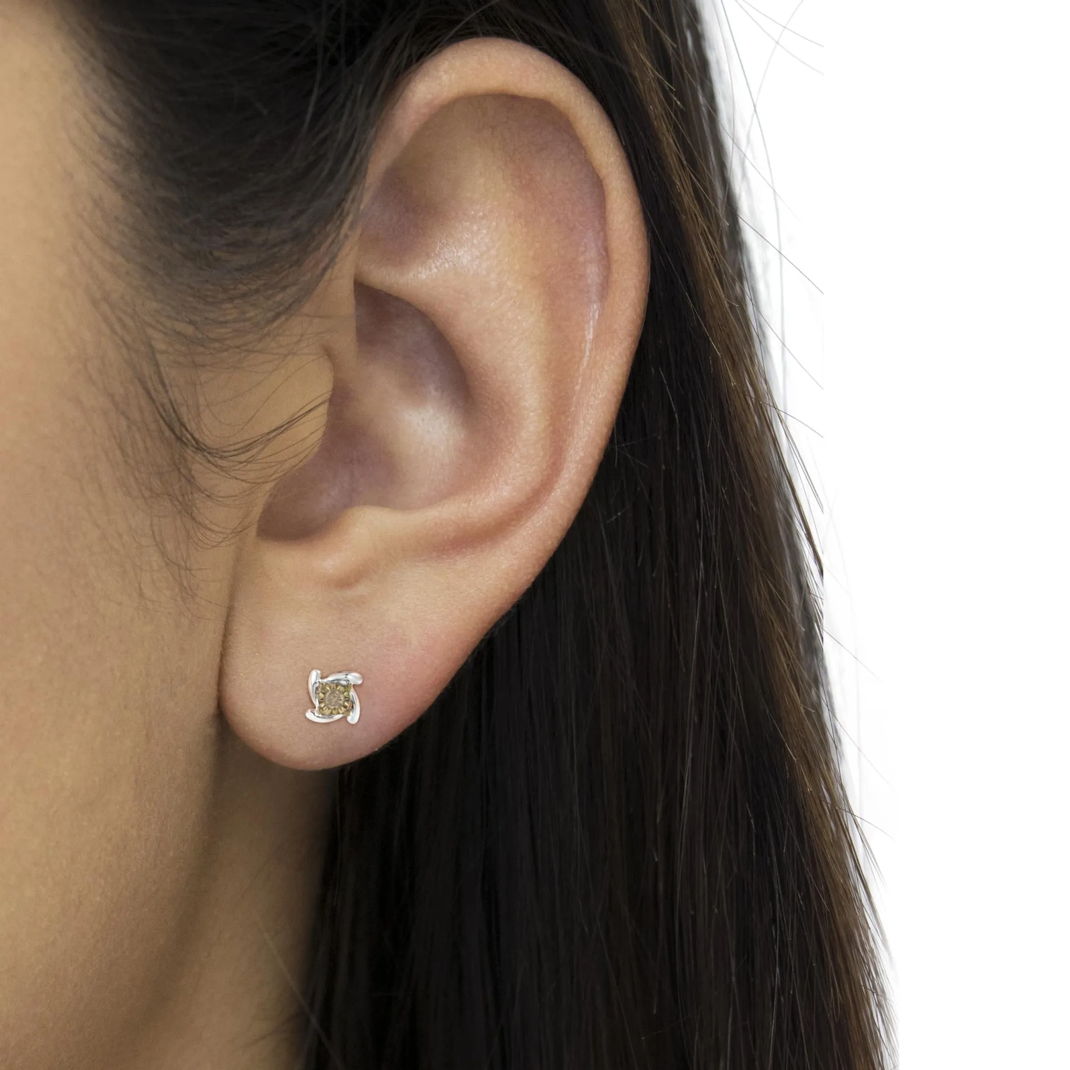 Two-Toned Sterling-Silver Diamond Stud Earring (0.10 cttw, Champagne Color, I2-I3 Clarity)
