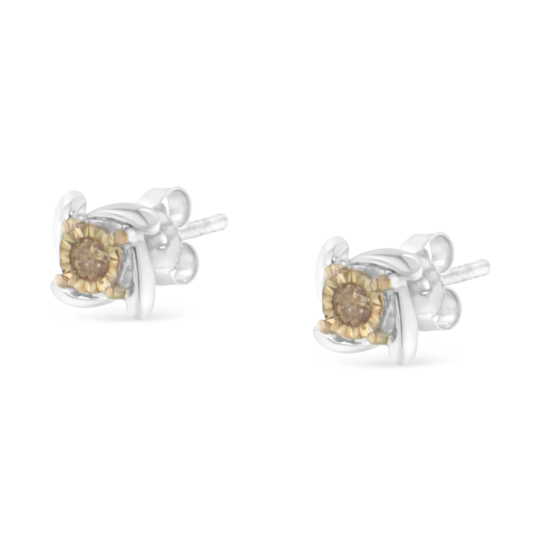 Two-Toned Sterling-Silver Diamond Stud Earring (0.10 cttw, Champagne Color, I2-I3 Clarity)