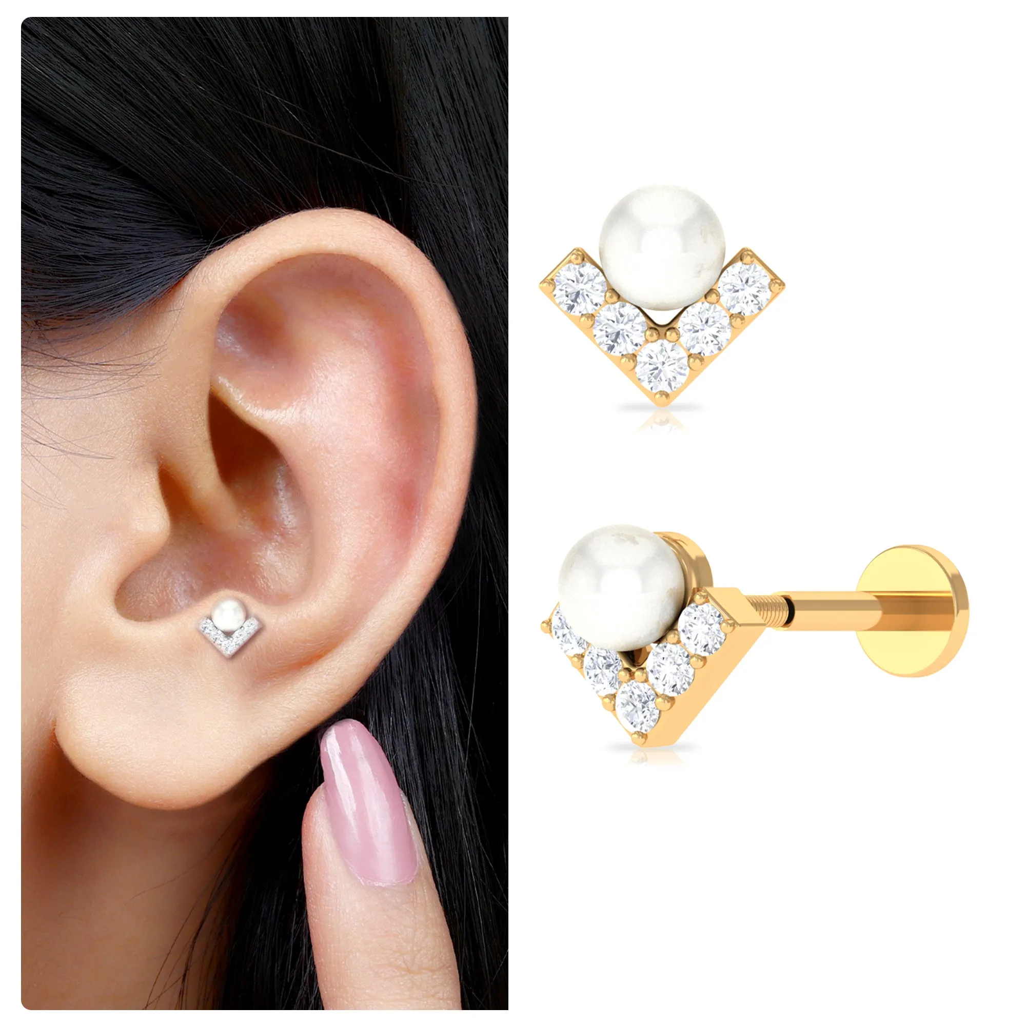 Unique Freshwater Pearl Cartilage Earring with Moissanite