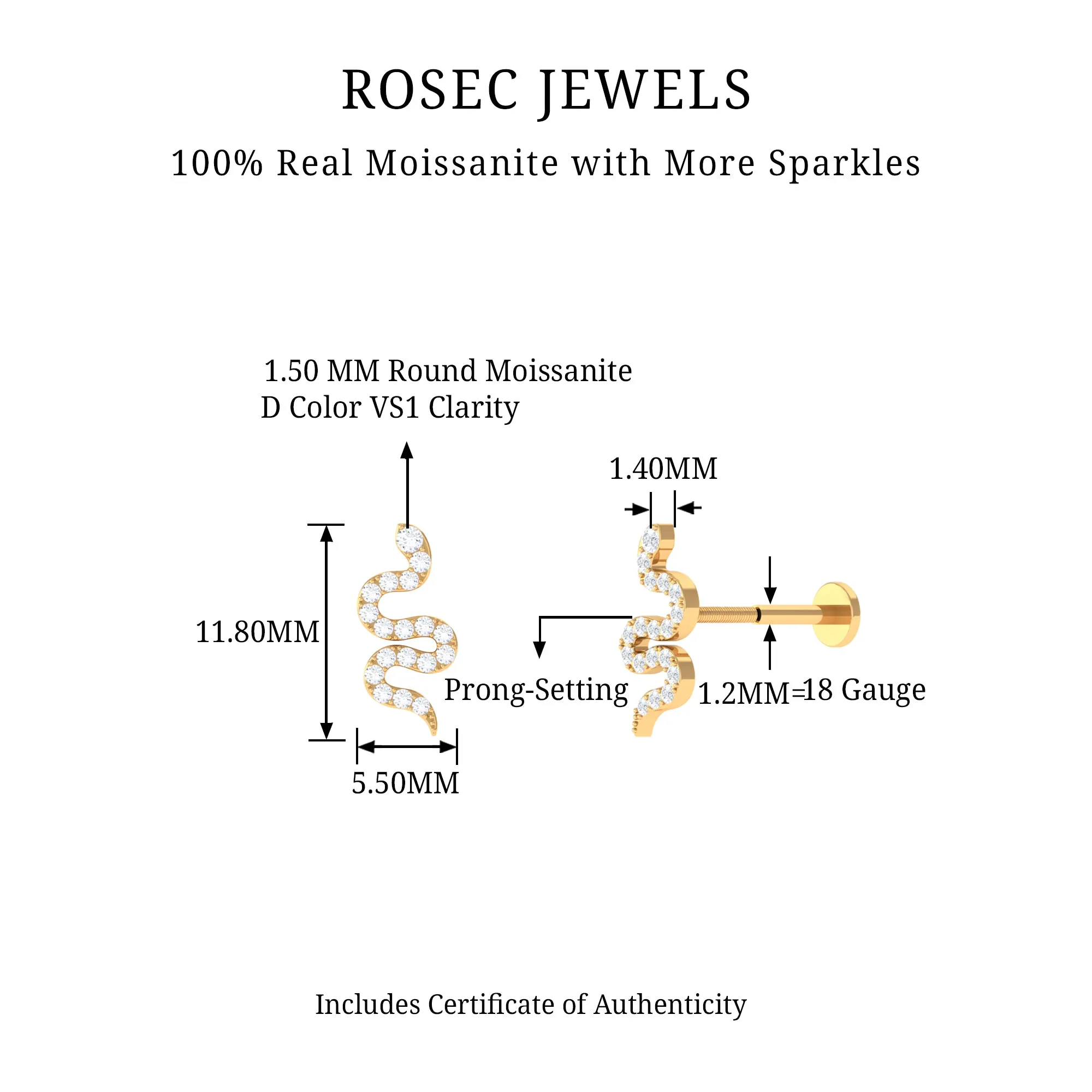 Unique Moissanite Snake Crawler Cartilage Earring in Gold
