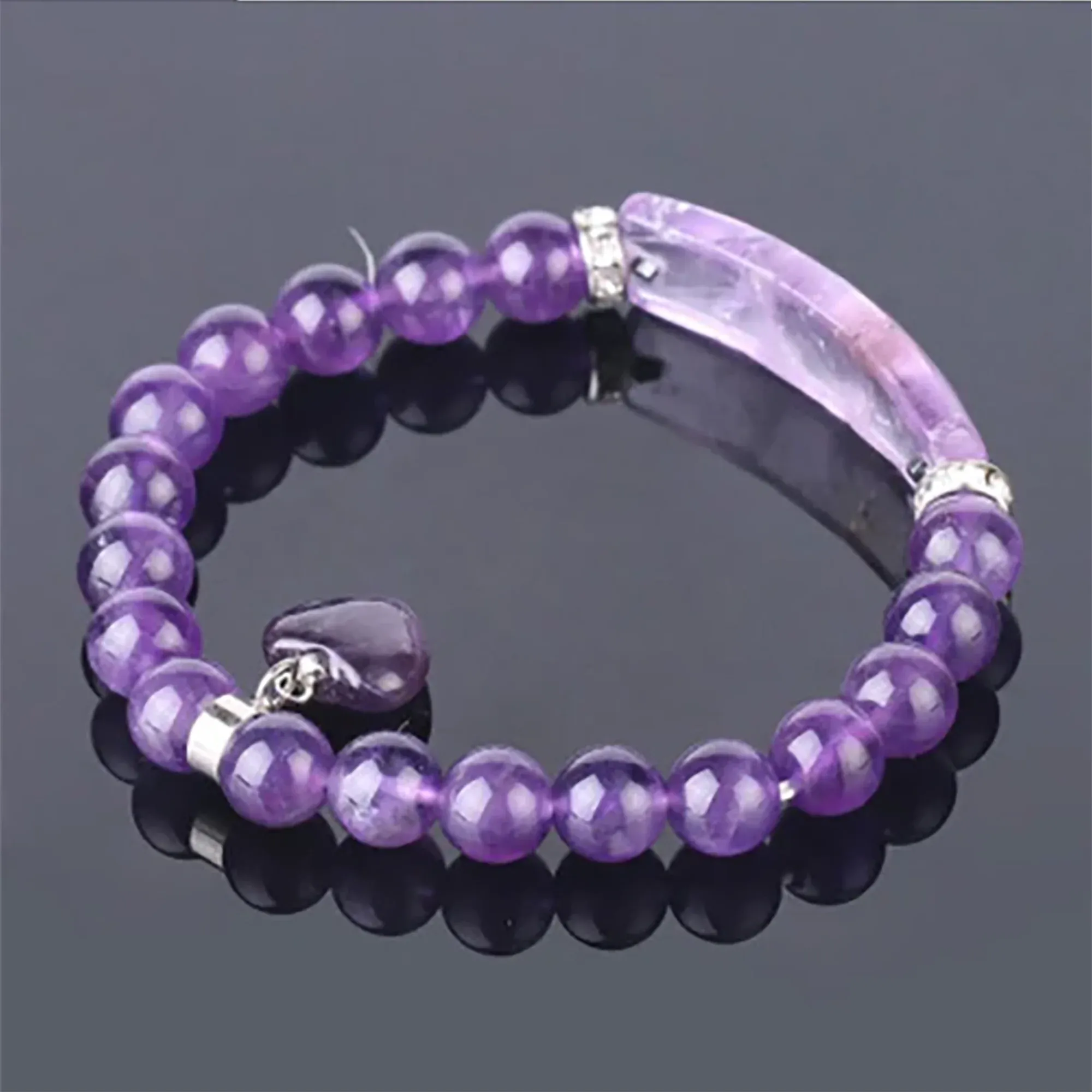 VINCHIC 8MM Amethyst Bracelet Love Heart Stretch Bracelet Energy Crystal Bracelet for Women Girls