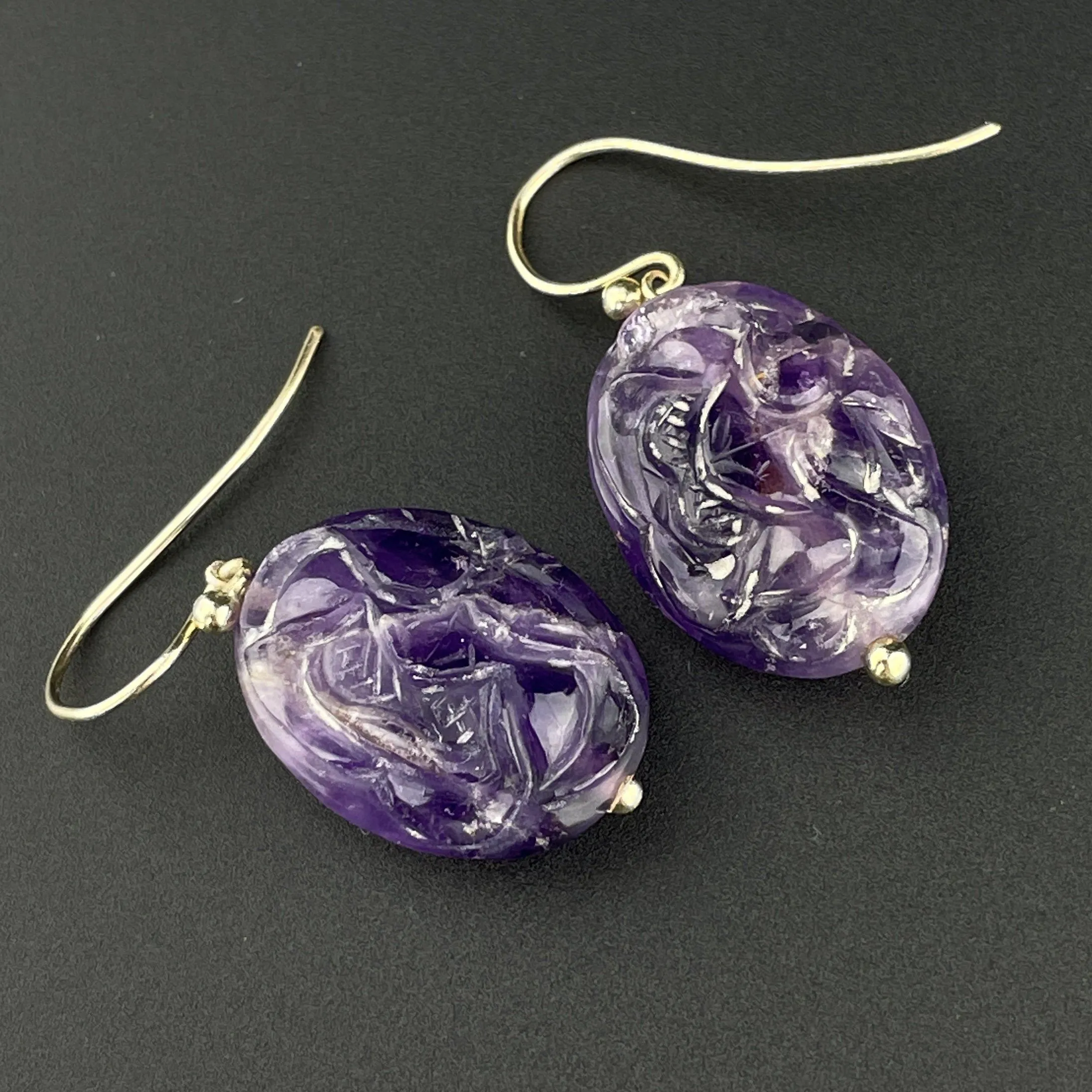 Vintage Gold Carved Natural Amethyst Dangle Earrings