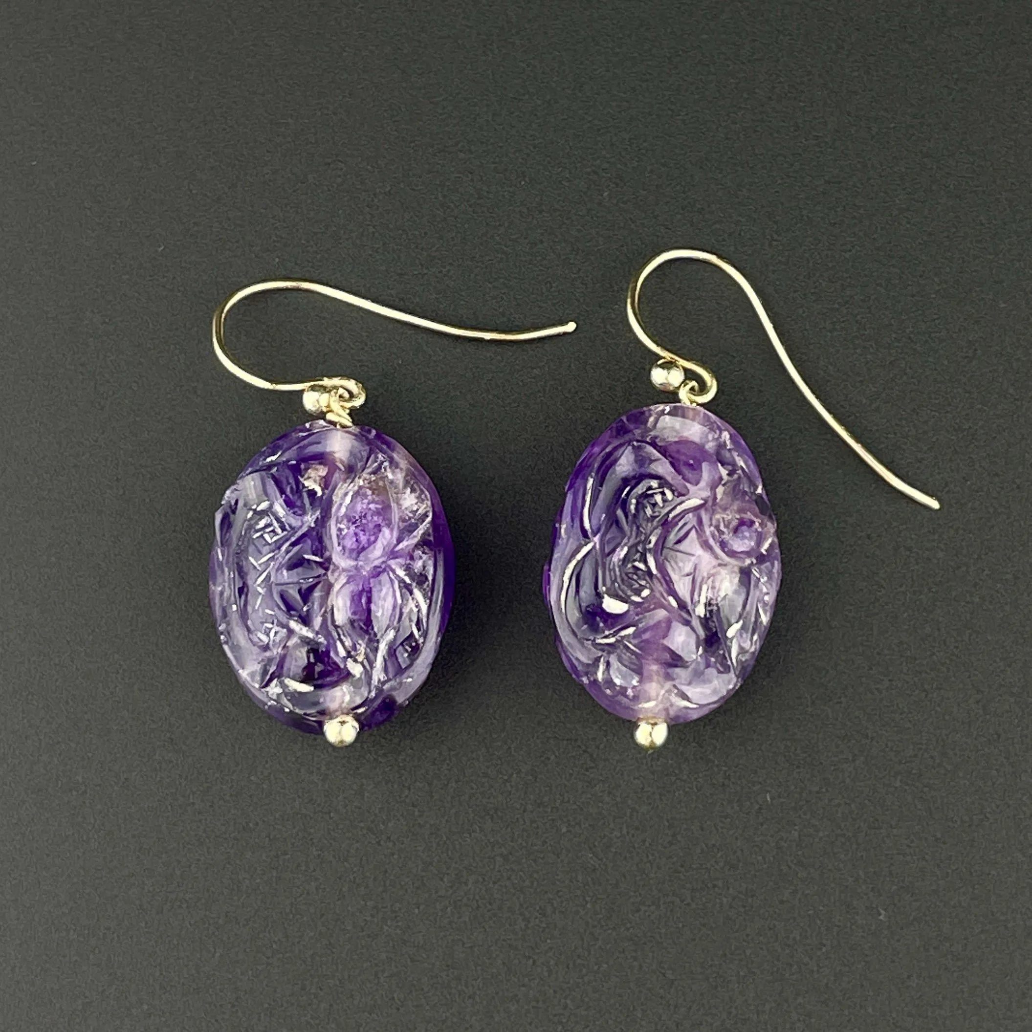 Vintage Gold Carved Natural Amethyst Dangle Earrings