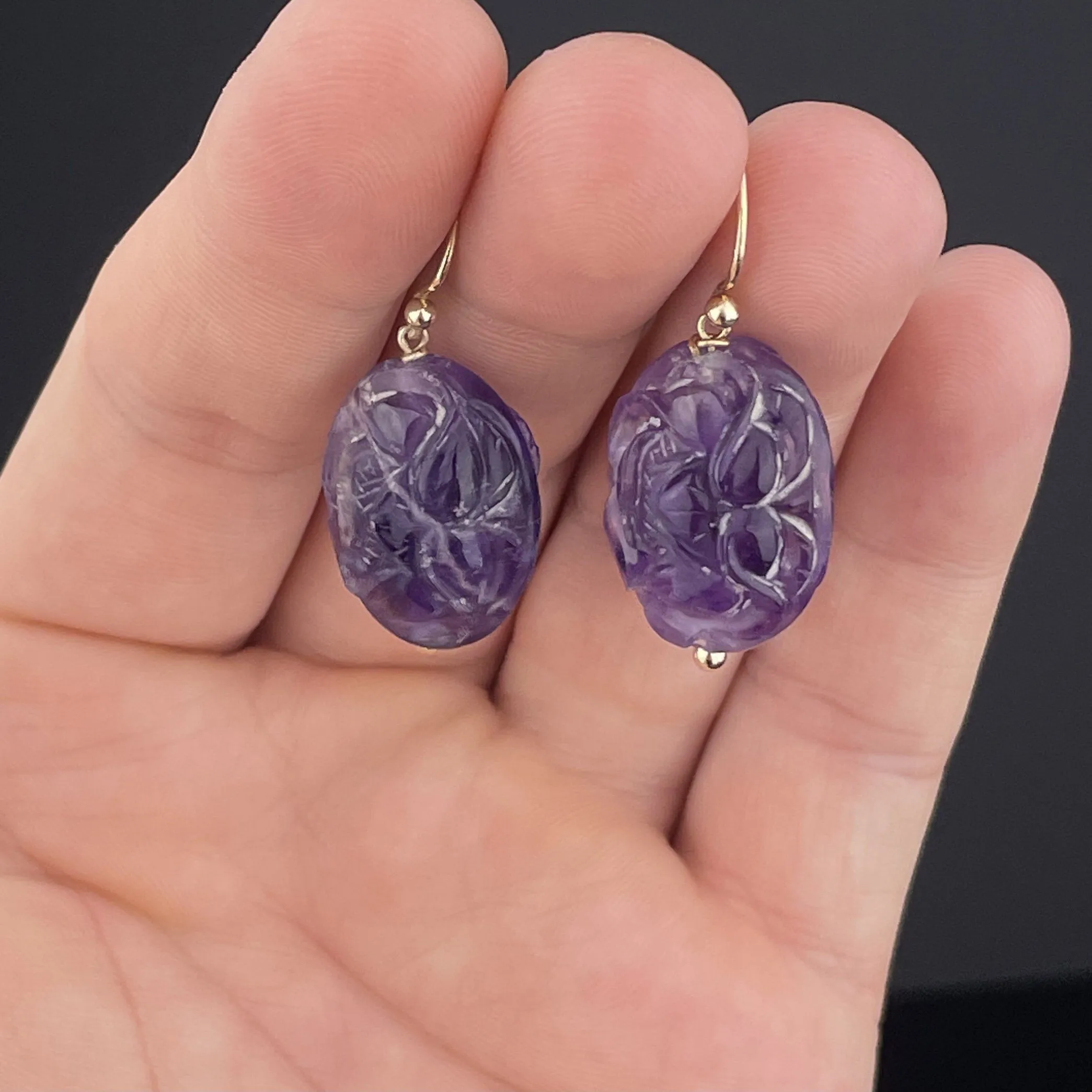 Vintage Gold Carved Natural Amethyst Dangle Earrings