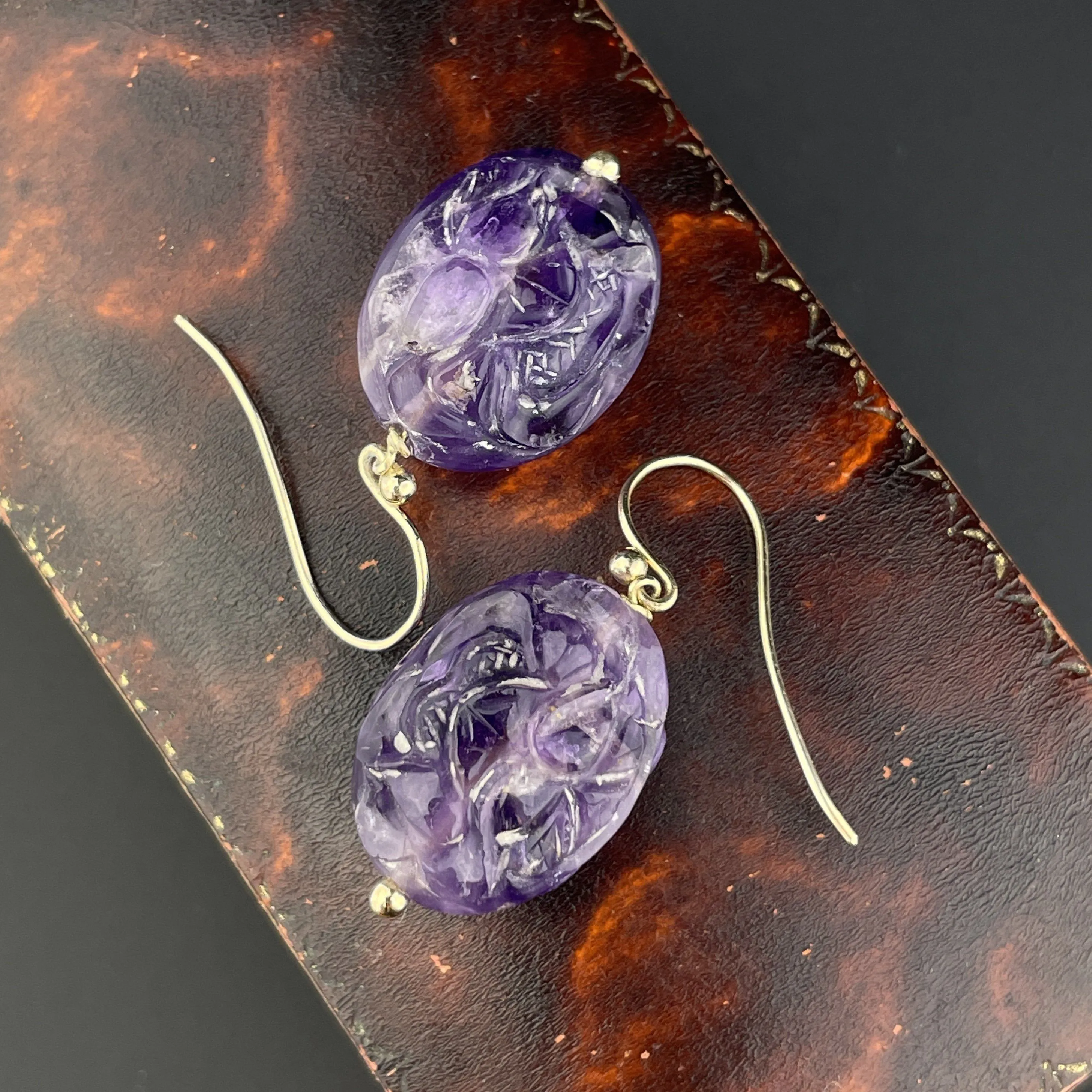 Vintage Gold Carved Natural Amethyst Dangle Earrings