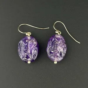 Vintage Gold Carved Natural Amethyst Dangle Earrings