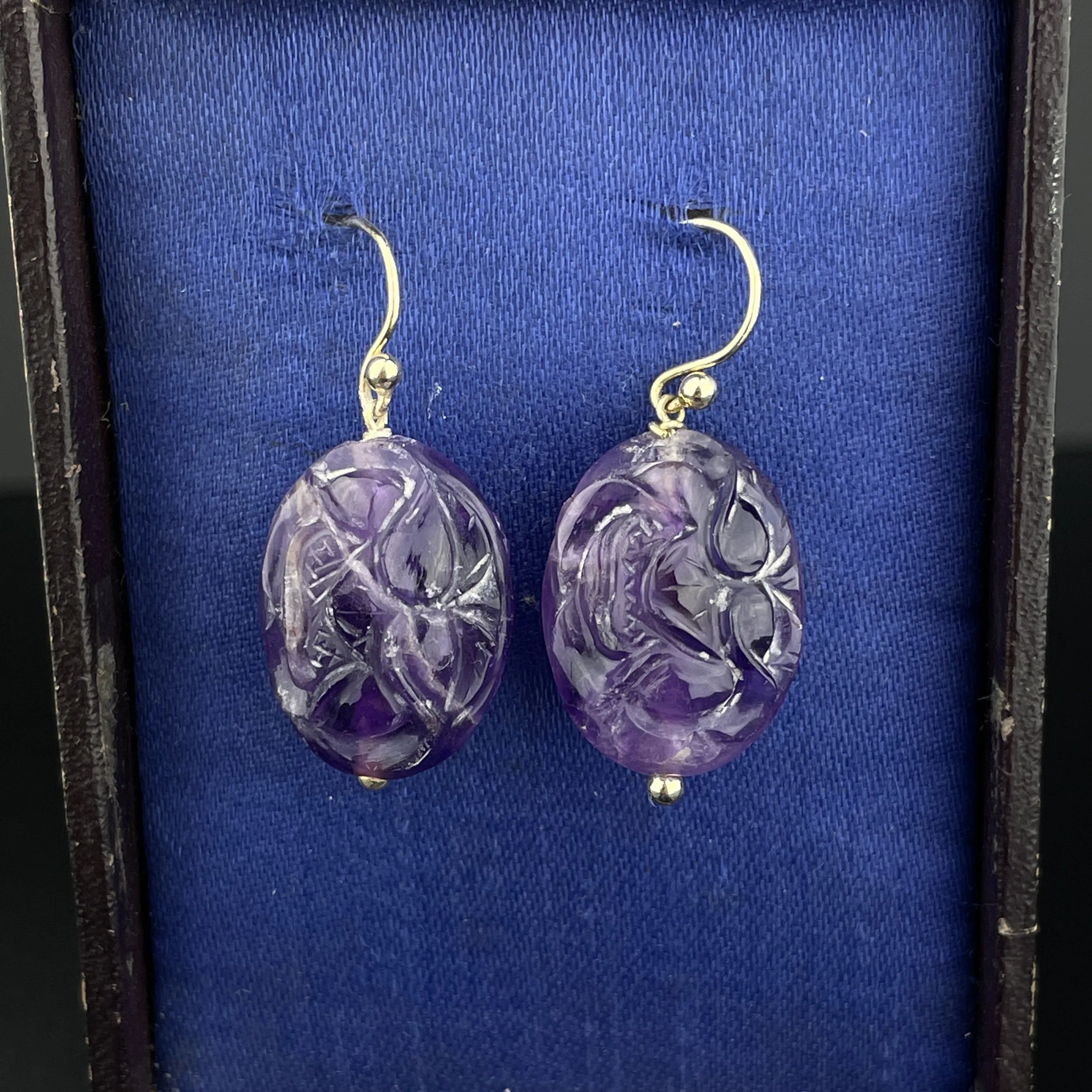 Vintage Gold Carved Natural Amethyst Dangle Earrings