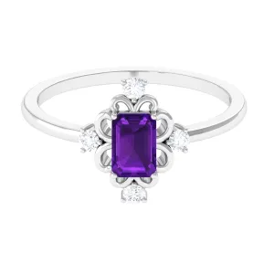 Vintage Inspired Amethyst Solitaire Ring with Diamond