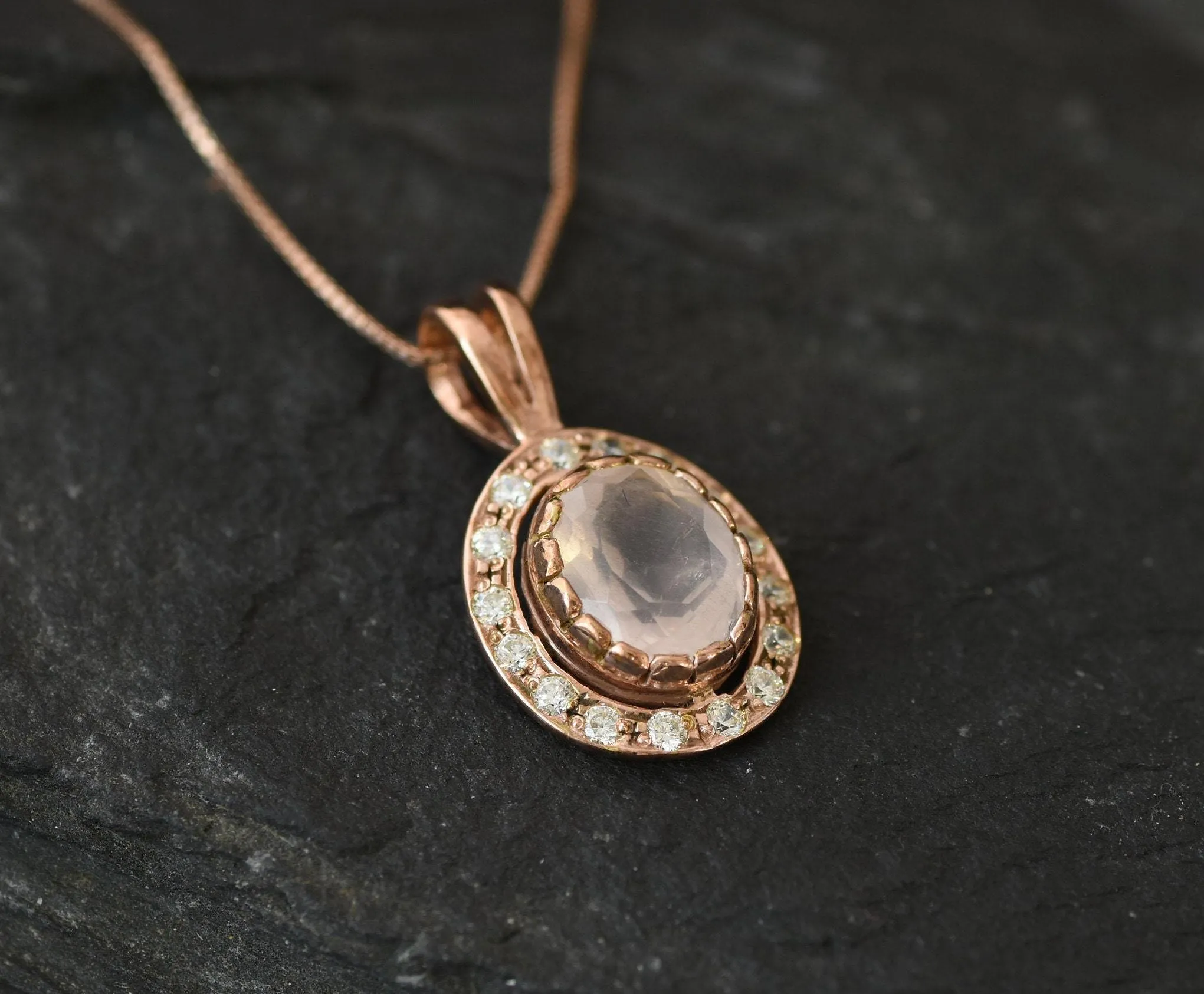 Vintage Quartz Necklace - Pink Rose Quartz Necklace - Rose Gold Quartz Pendant