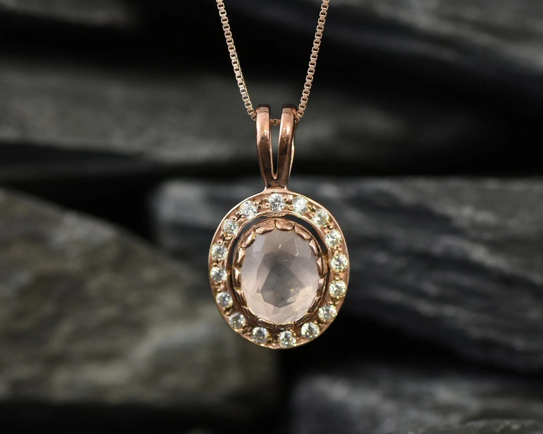 Vintage Quartz Necklace - Pink Rose Quartz Necklace - Rose Gold Quartz Pendant