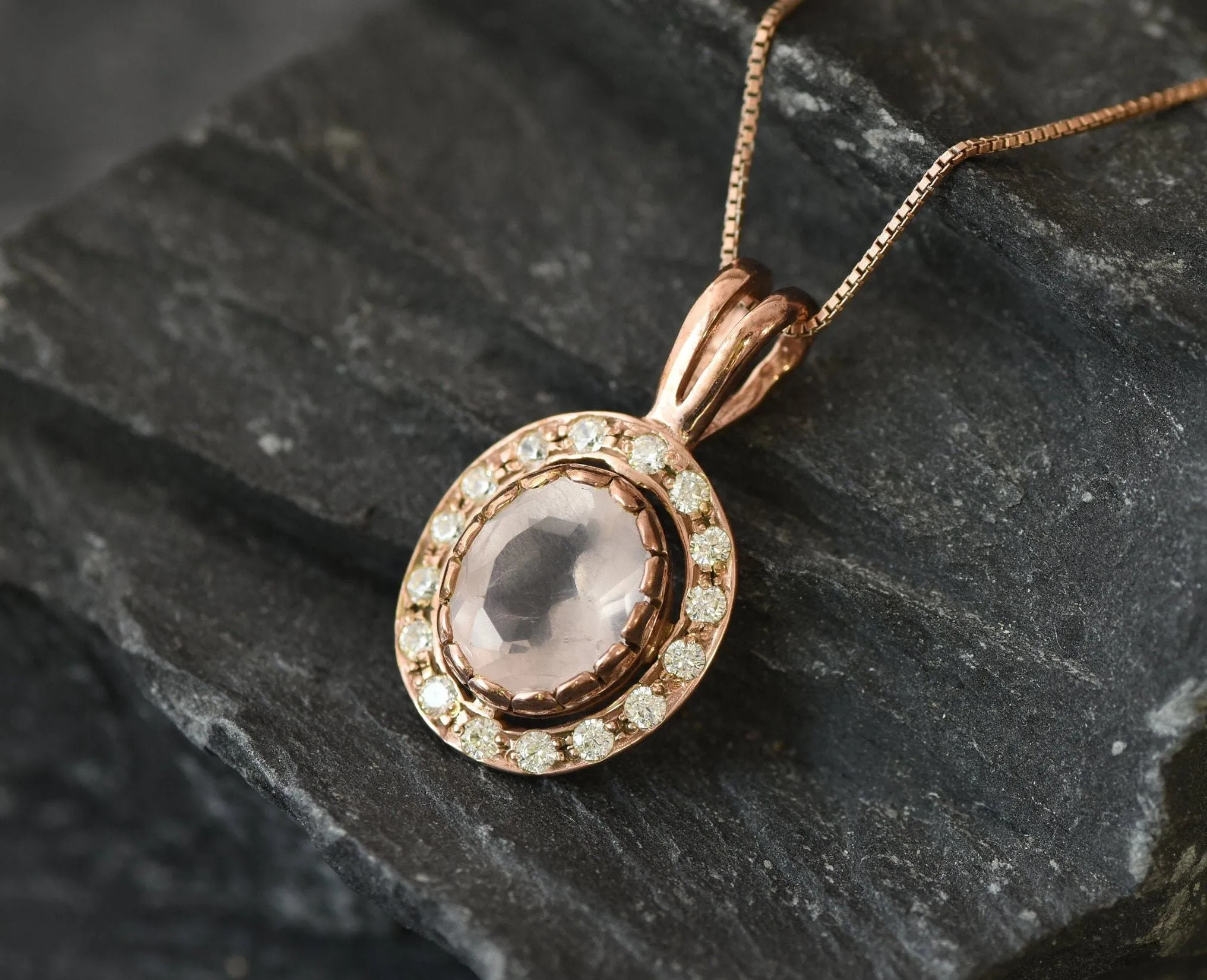 Vintage Quartz Necklace - Pink Rose Quartz Necklace - Rose Gold Quartz Pendant