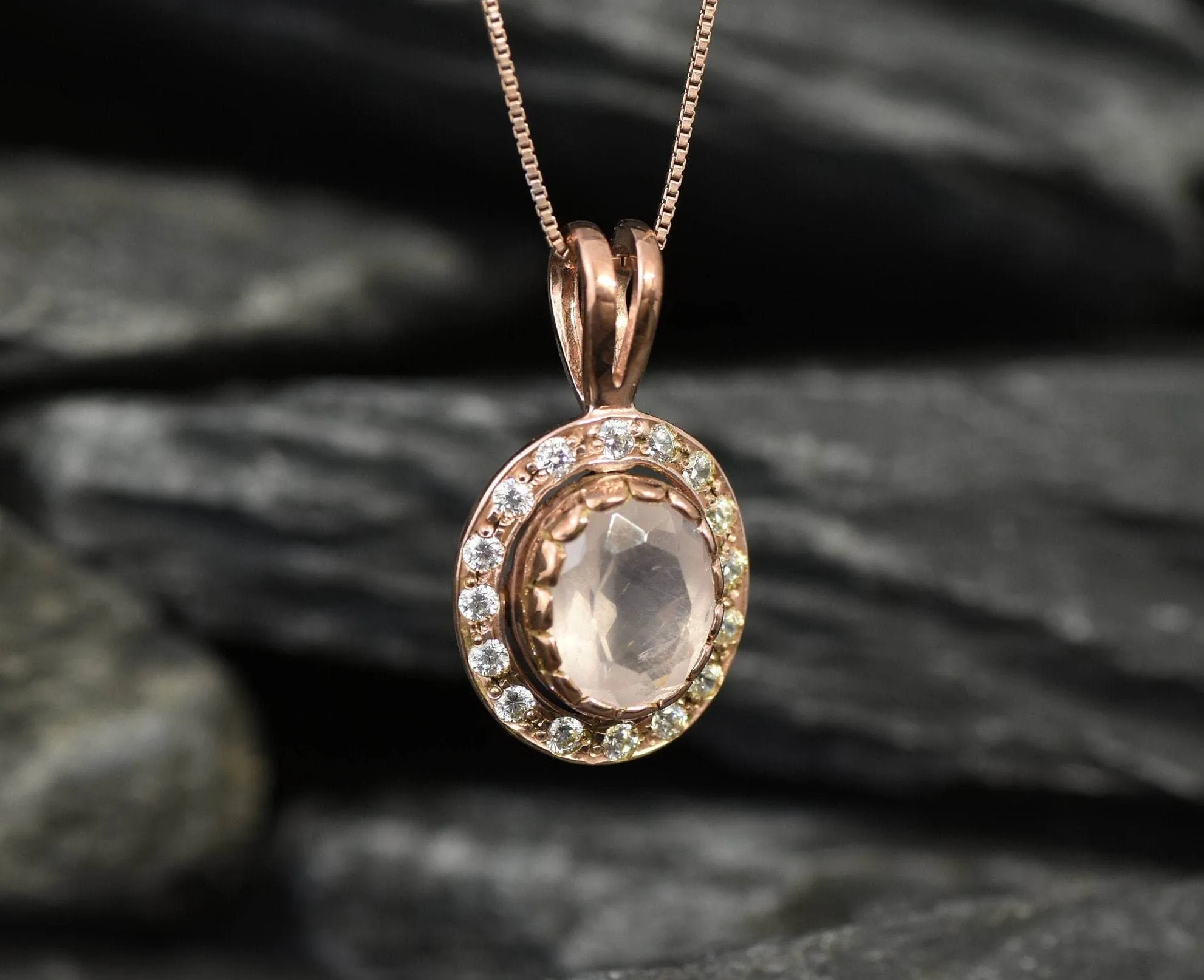 Vintage Quartz Necklace - Pink Rose Quartz Necklace - Rose Gold Quartz Pendant