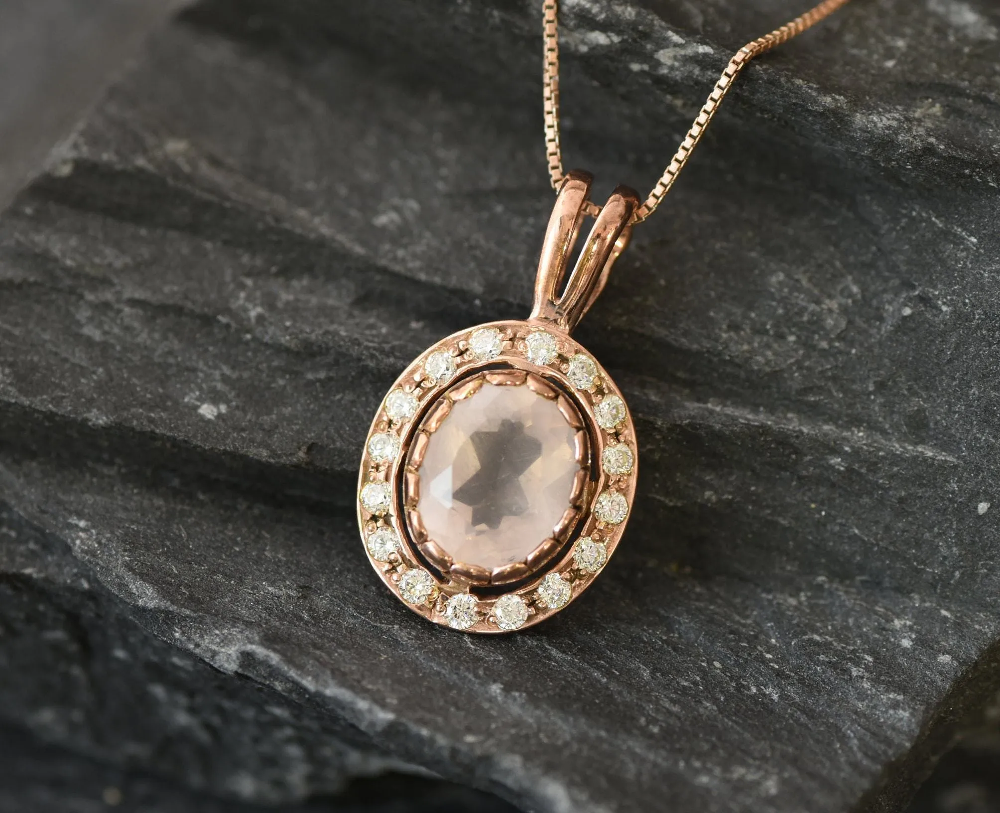 Vintage Quartz Necklace - Pink Rose Quartz Necklace - Rose Gold Quartz Pendant