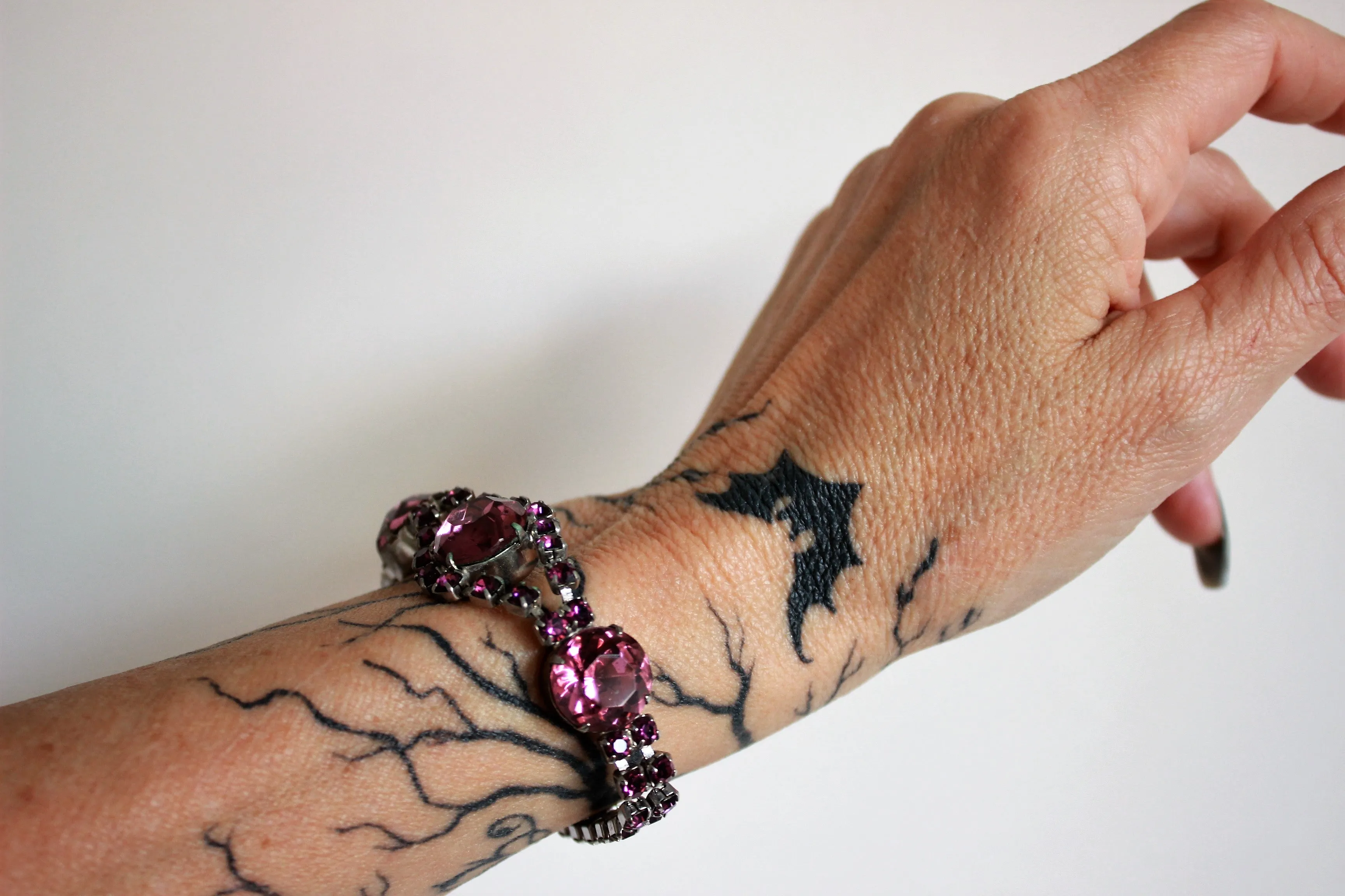 Vintage Silver Bangle with Amethyst Rhinestones