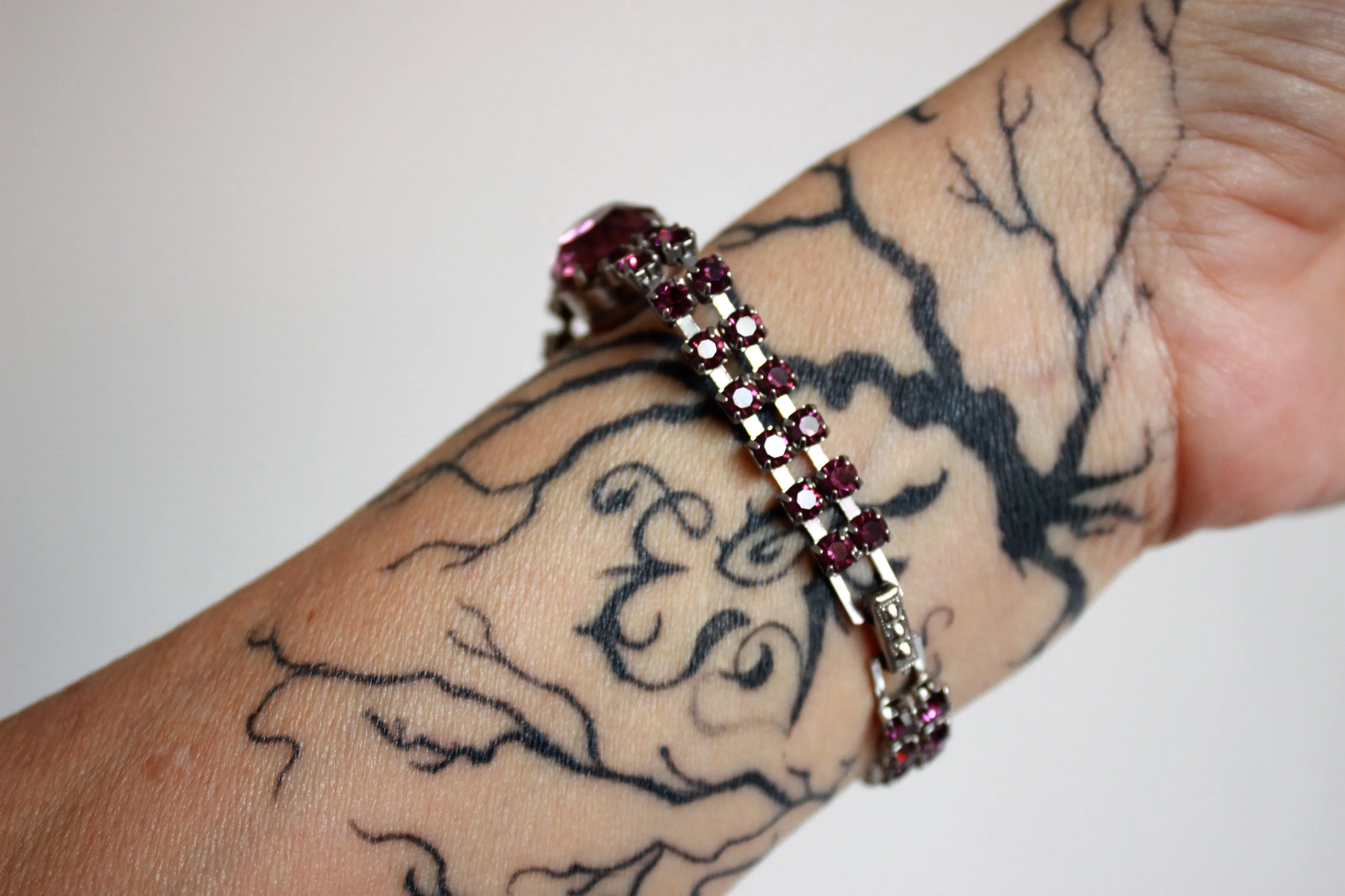 Vintage Silver Bangle with Amethyst Rhinestones