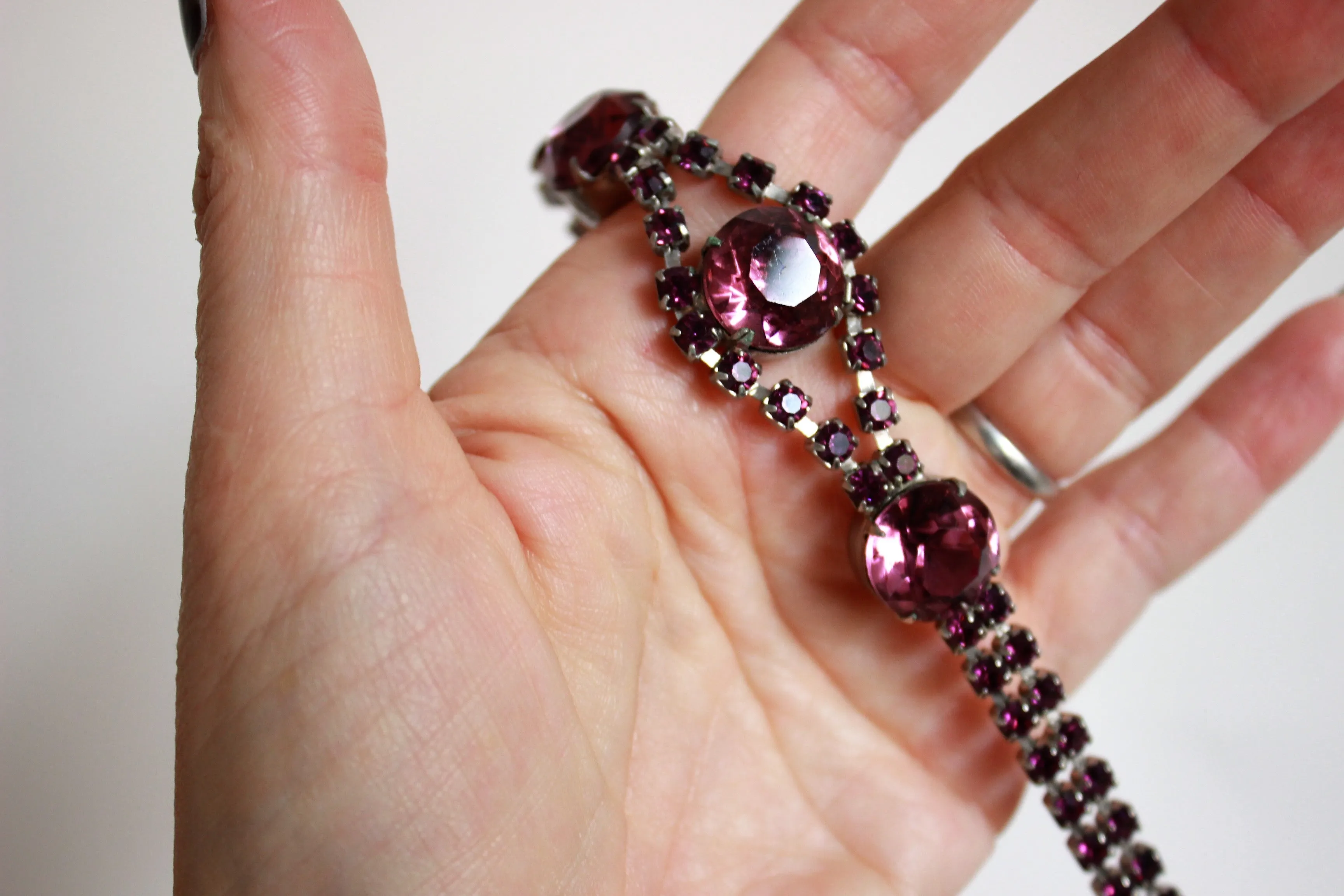 Vintage Silver Bangle with Amethyst Rhinestones