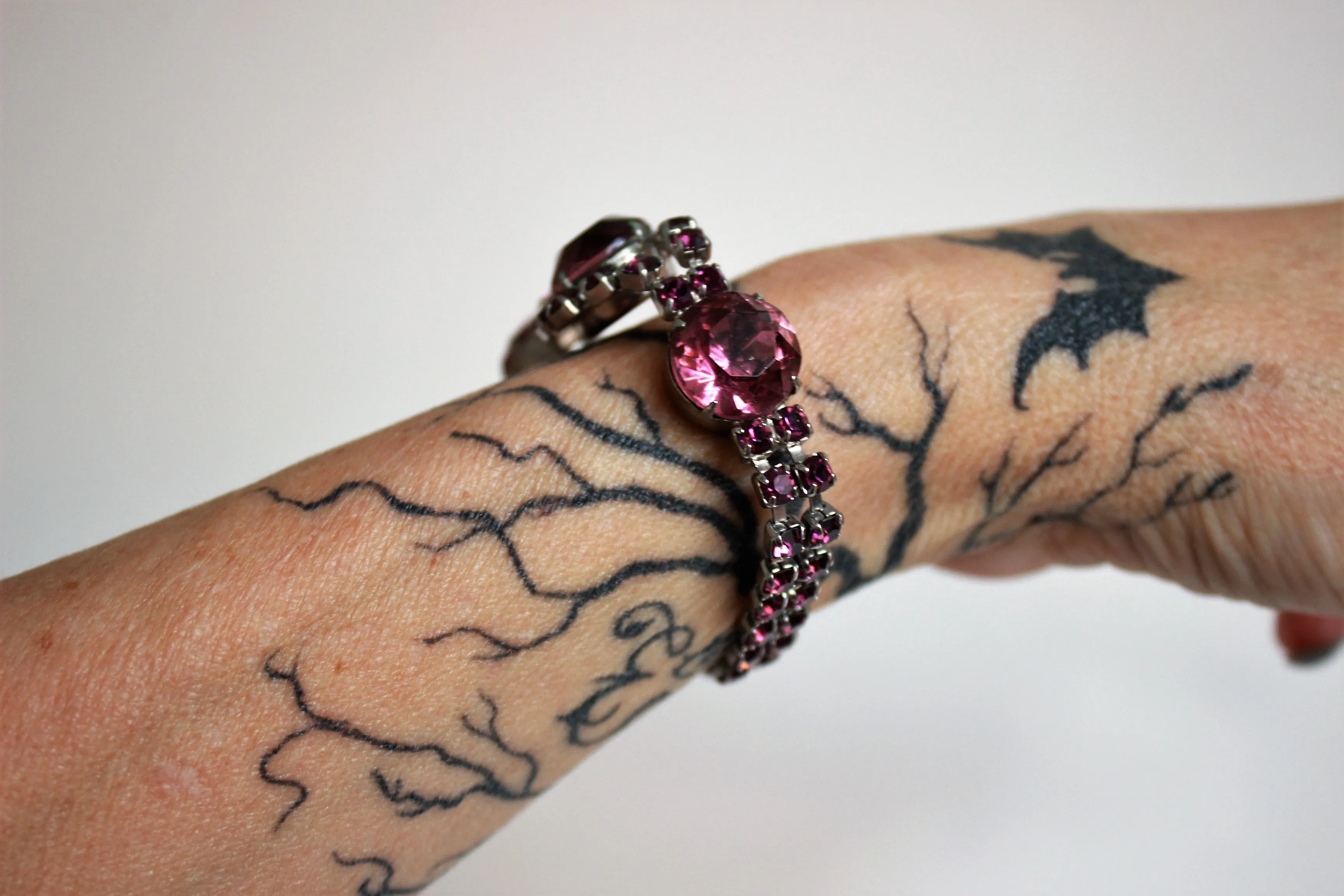 Vintage Silver Bangle with Amethyst Rhinestones