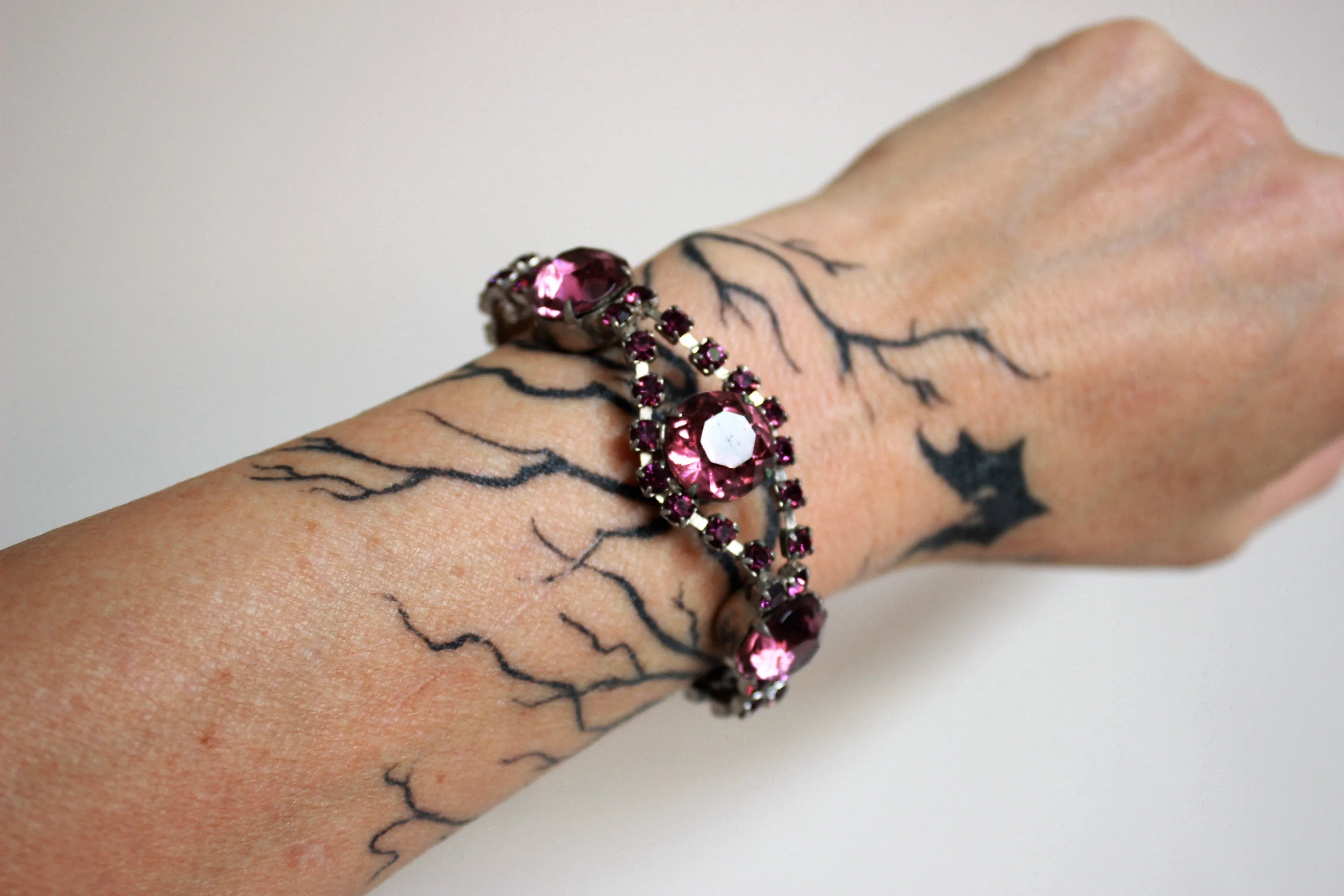 Vintage Silver Bangle with Amethyst Rhinestones