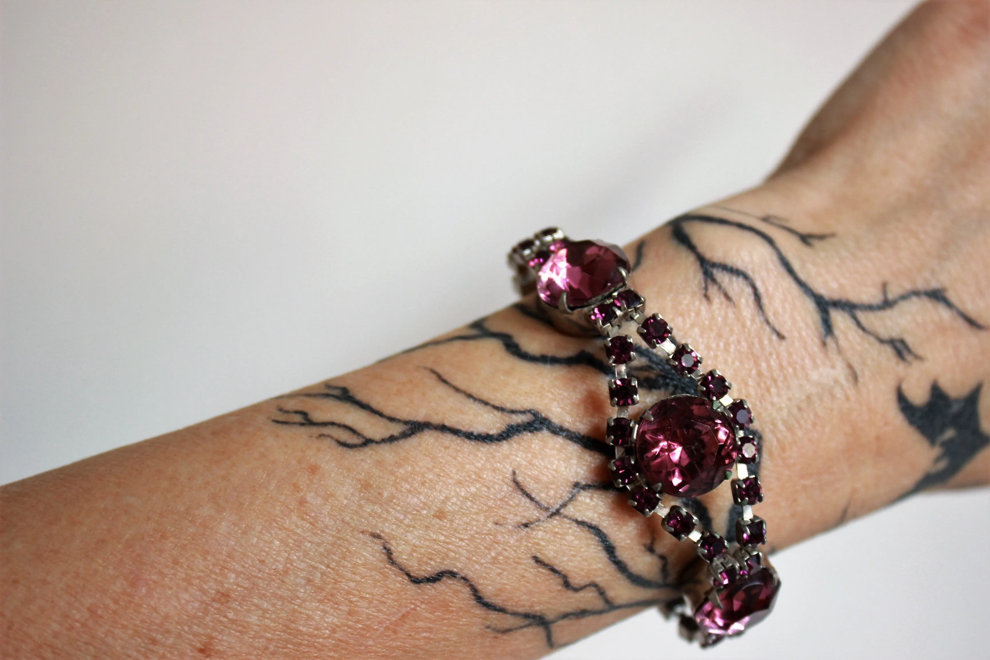 Vintage Silver Bangle with Amethyst Rhinestones