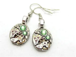Watch movement Earrings Steampunk ear gear Peridot Steampunk Earrings Birthday Gift for her