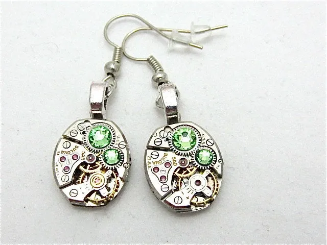 Watch movement Earrings Steampunk ear gear Peridot Steampunk Earrings Birthday Gift for her