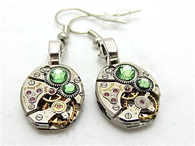 Watch movement Earrings Steampunk ear gear Peridot Steampunk Earrings Birthday Gift for her