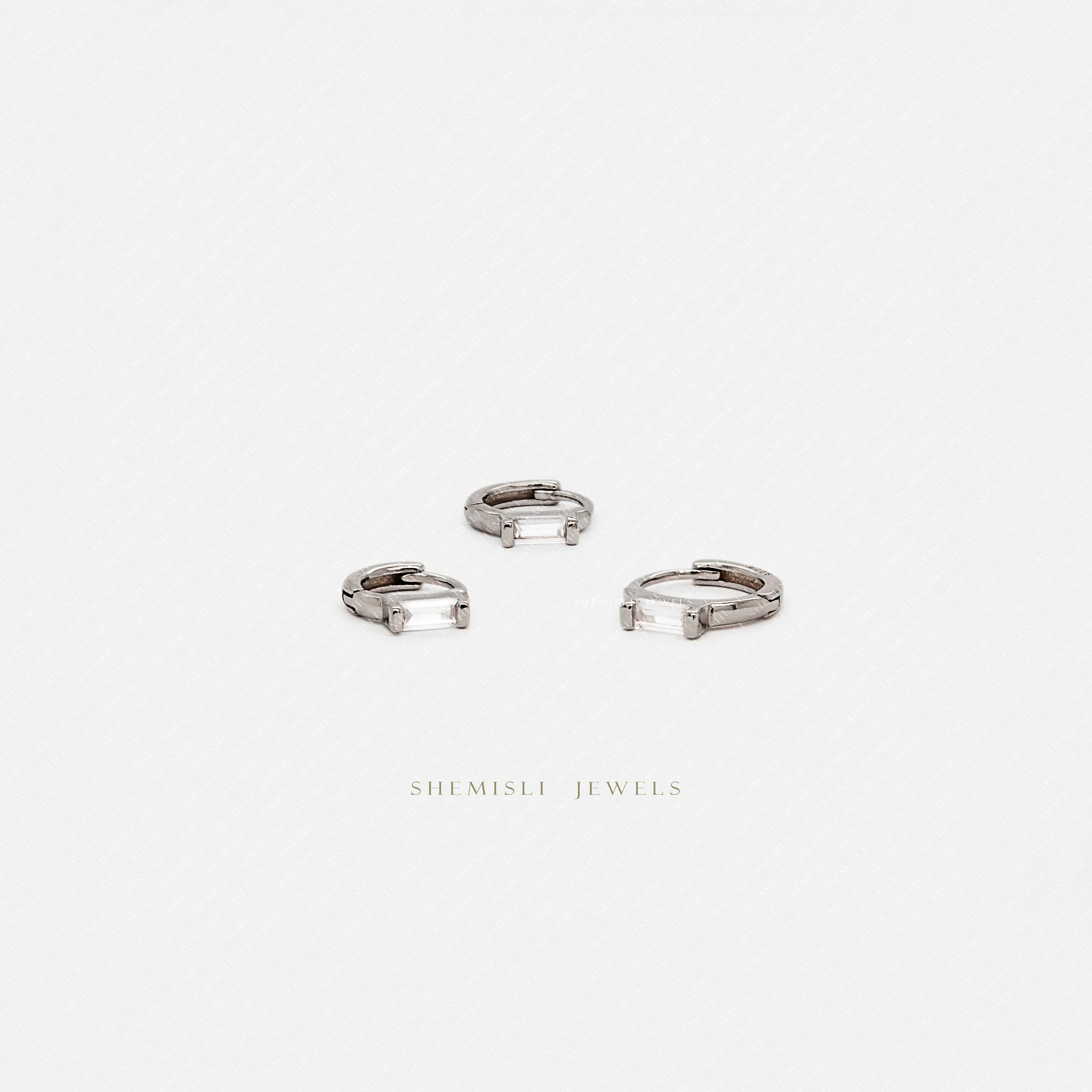 White Baguette Helix Hoop Earrings, Huggies, Unisex, Gold, Silver SHEMISLI - SH294, SH295, SH296