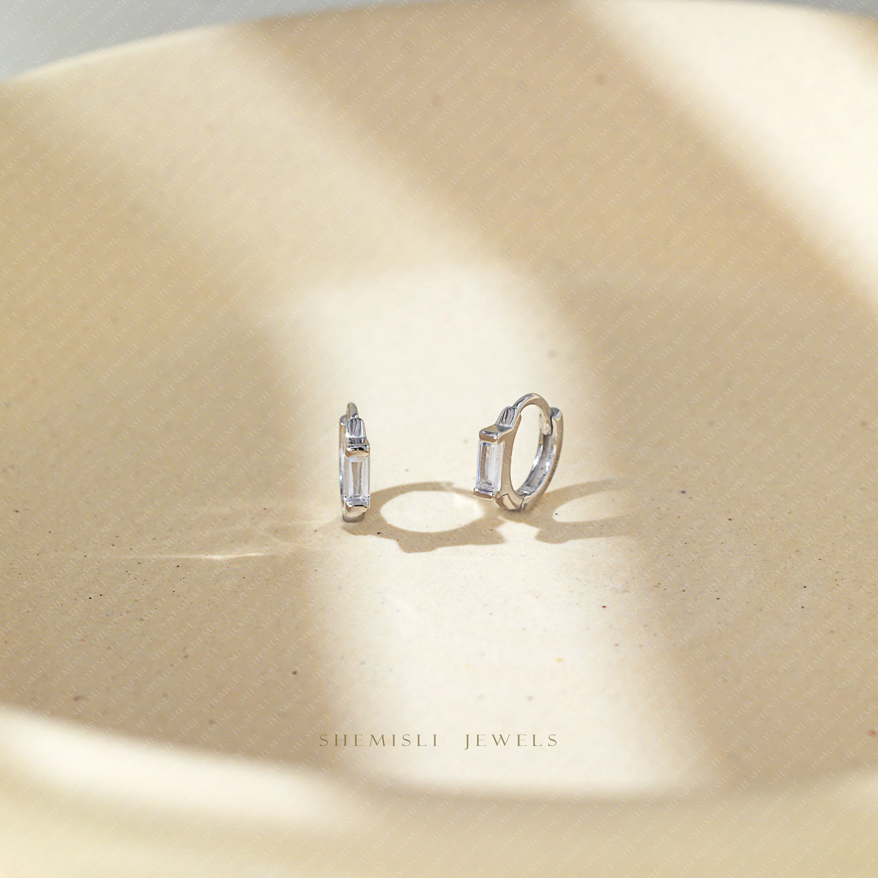 White Baguette Helix Hoop Earrings, Huggies, Unisex, Gold, Silver SHEMISLI - SH294, SH295, SH296