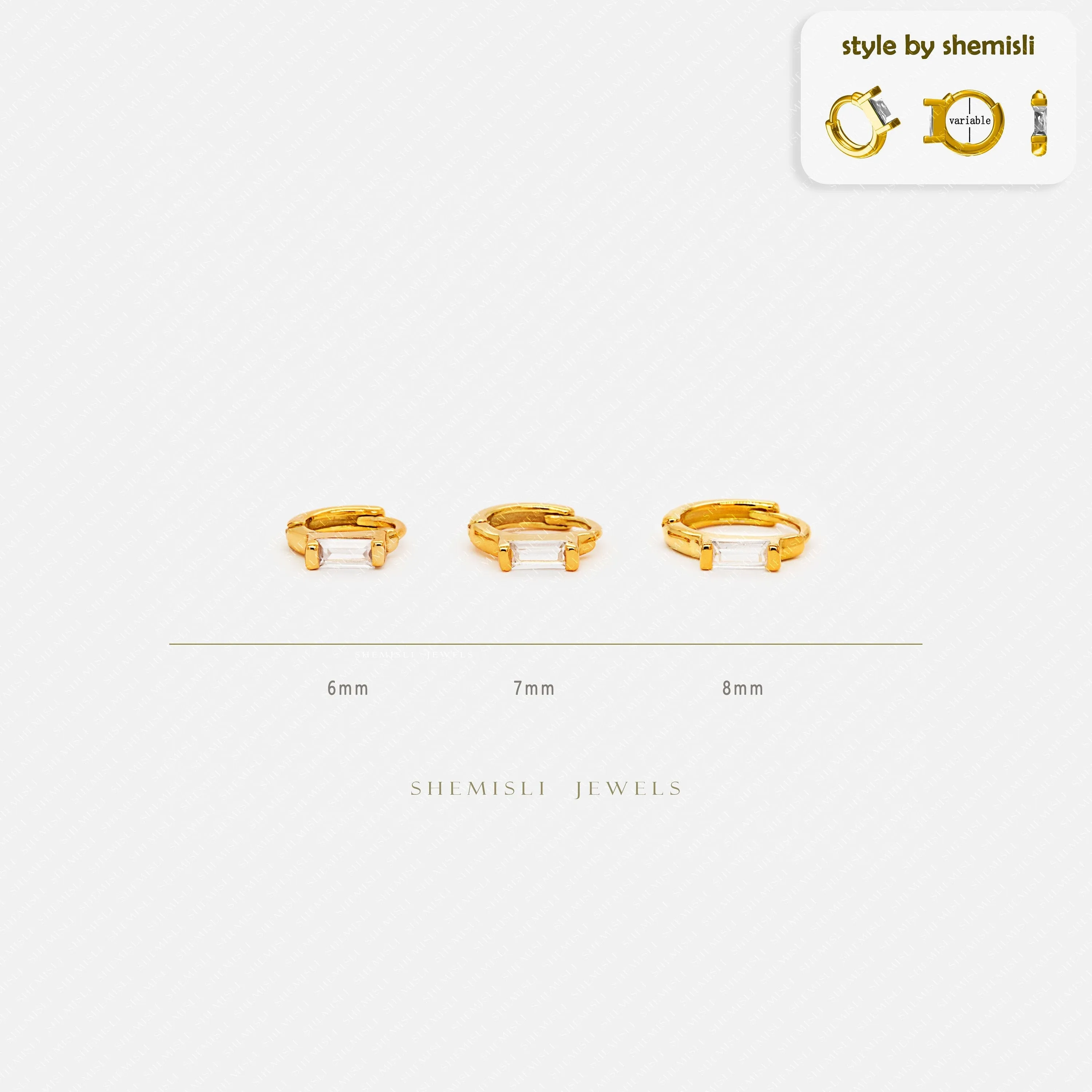 White Baguette Helix Hoop Earrings, Huggies, Unisex, Gold, Silver SHEMISLI - SH294, SH295, SH296