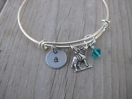 Wolf Charm Bracelet- Adjustable Bangle Bracelet with an Initial Charm and an Accent Bead of your choice